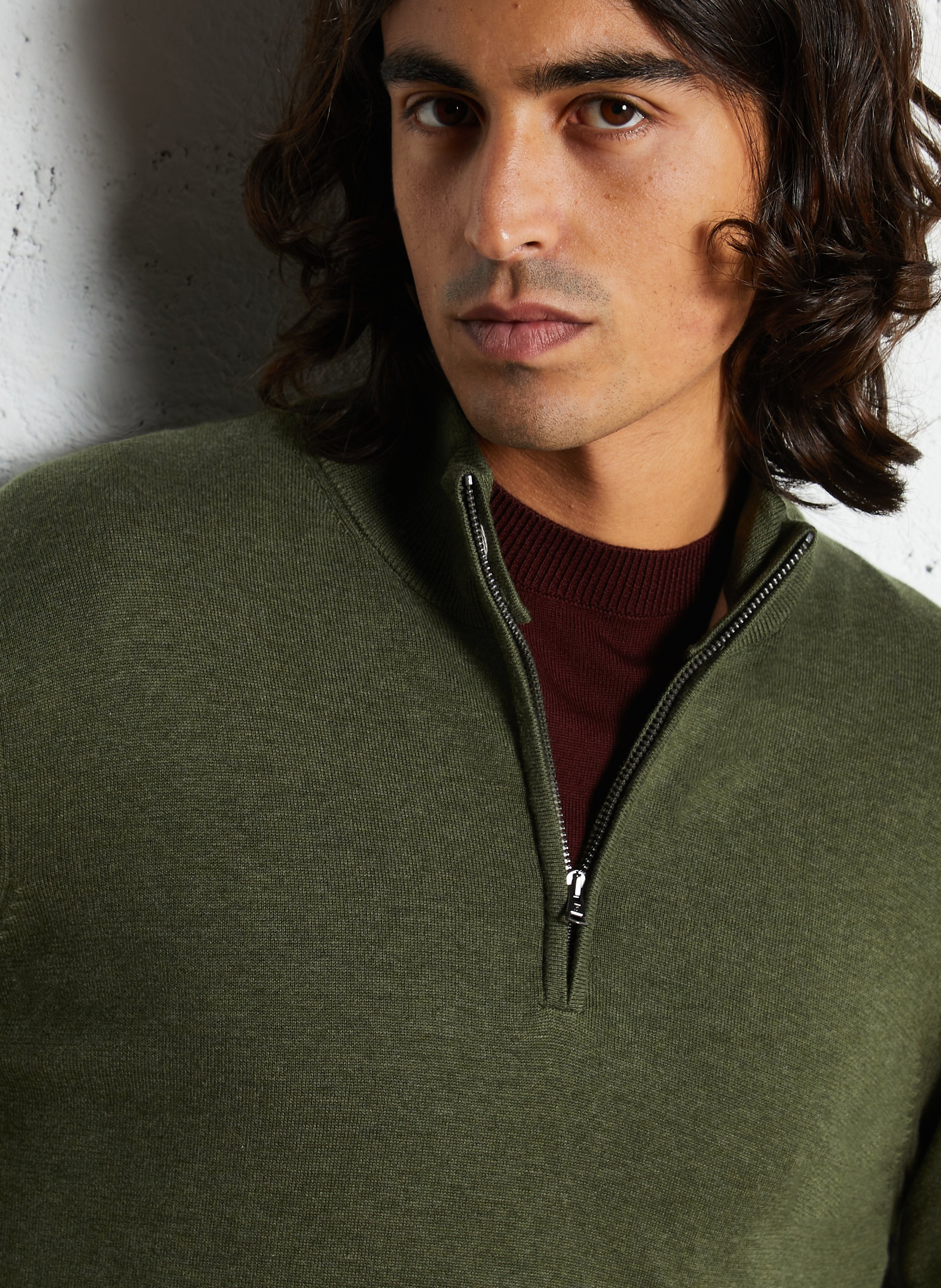 Straight cut zip-neck sweater in mixed cotton. FACONNABLE Green