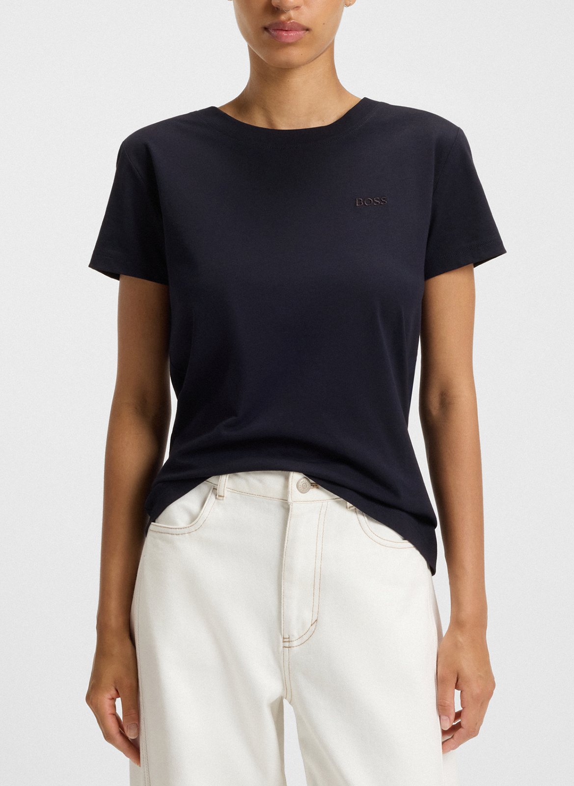 Tee-shirt droit col rond brodé en laine vierge BOSS