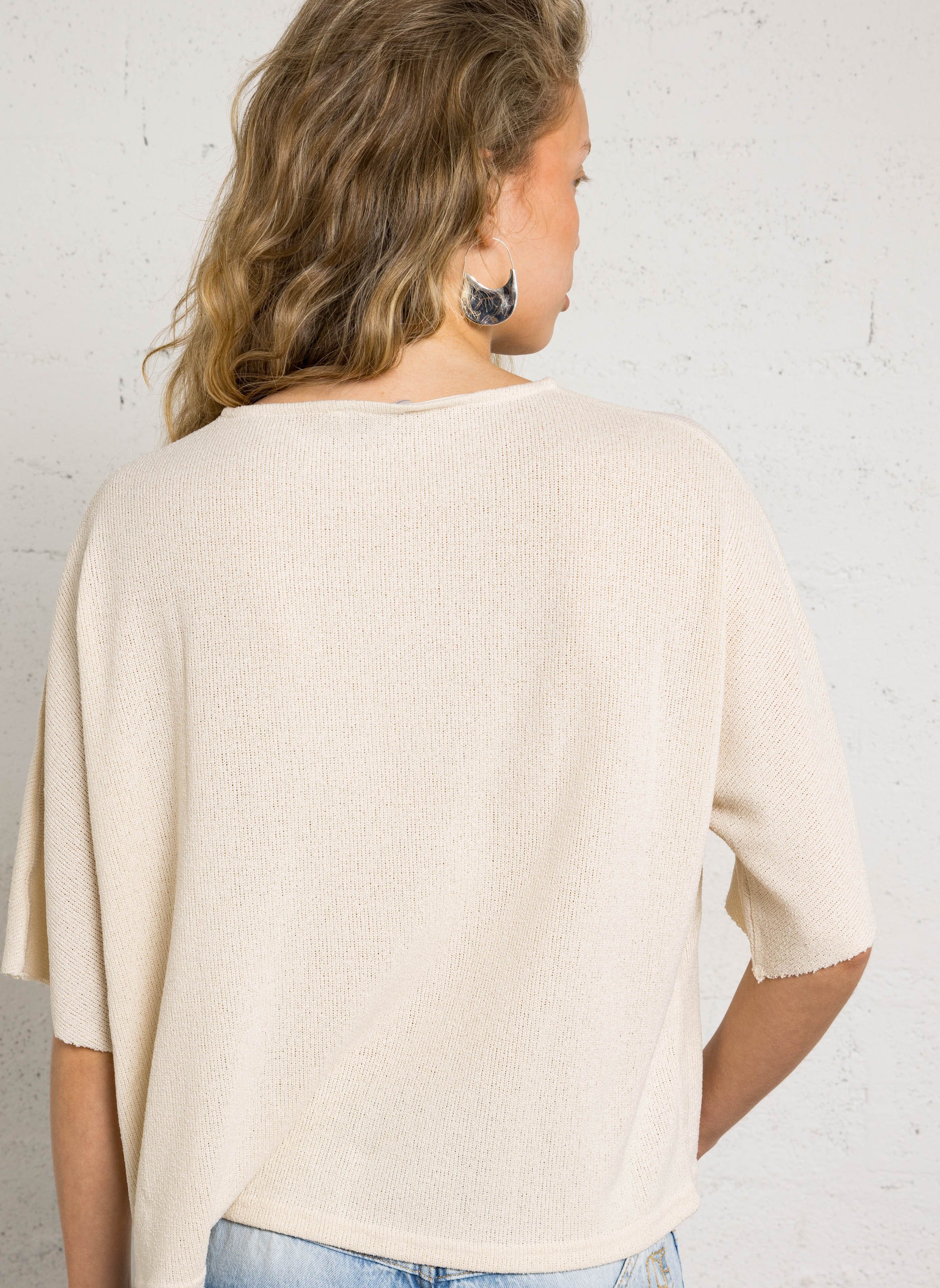 Oversized round neck sweater with embroidered mixed knit LE TEMPS DES CERISES Beige
