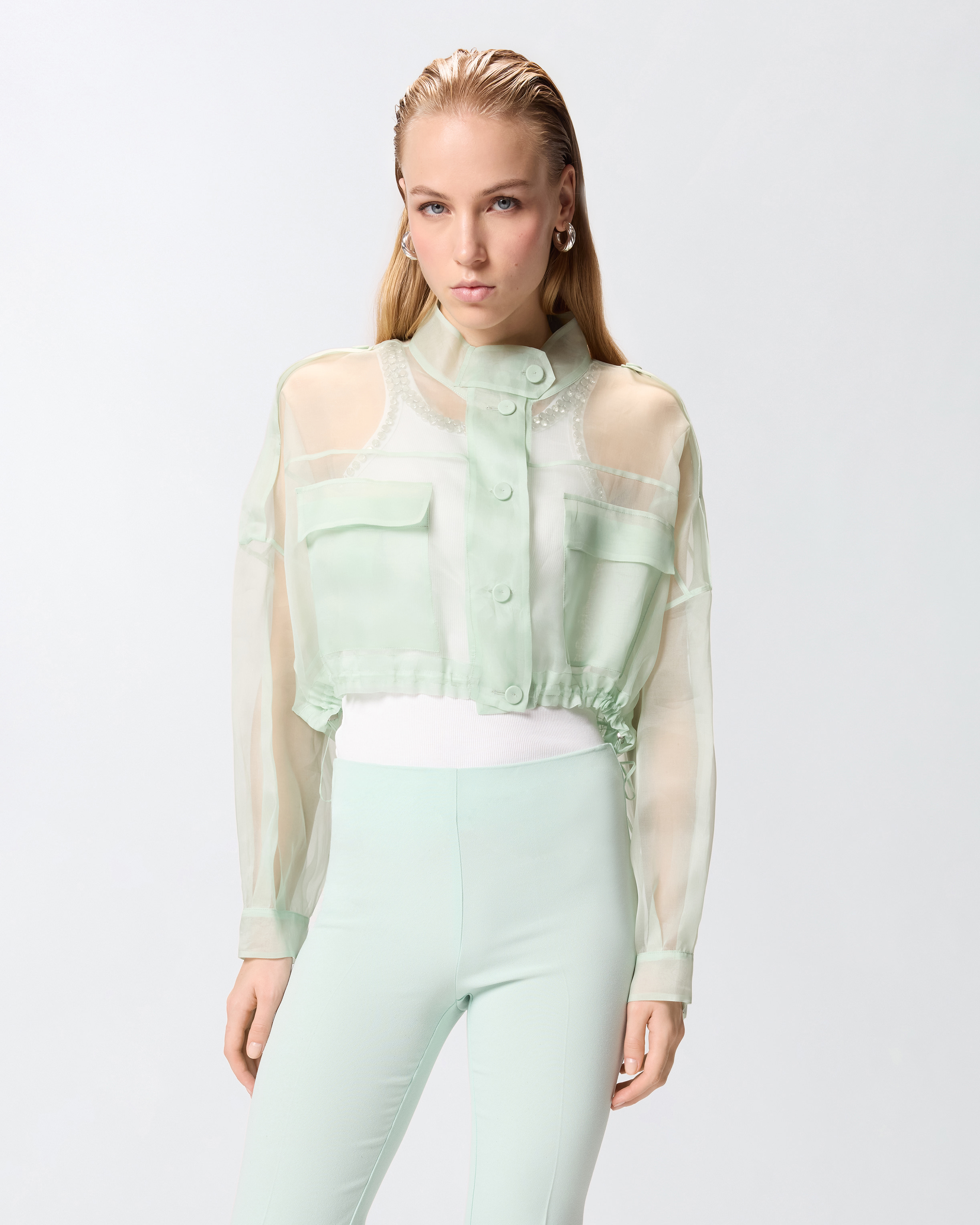 Caban cropped en organza de pure soie PINKO Vert