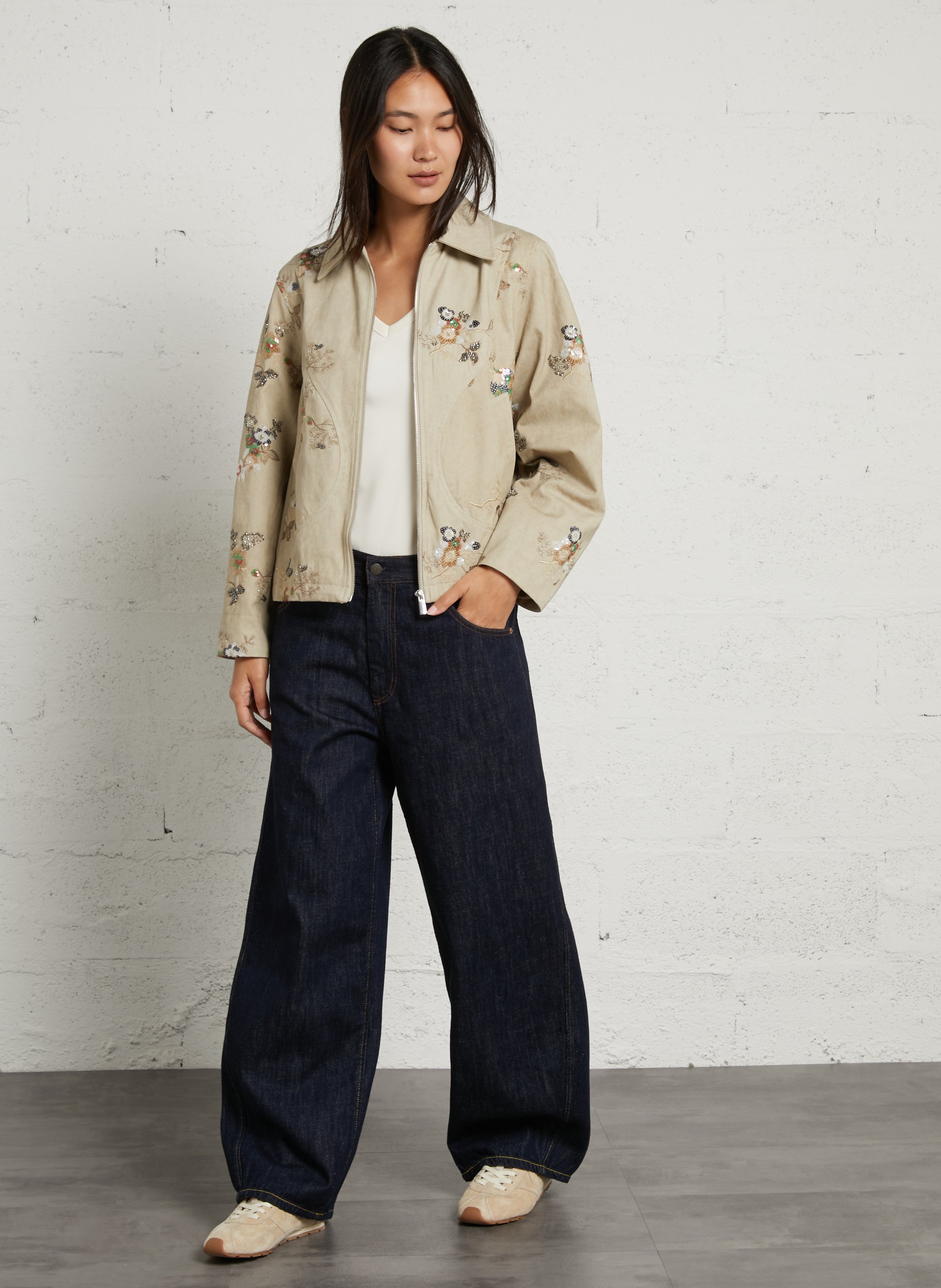 Veste ample col classique à sequins et perles en coton BERENICE Beige