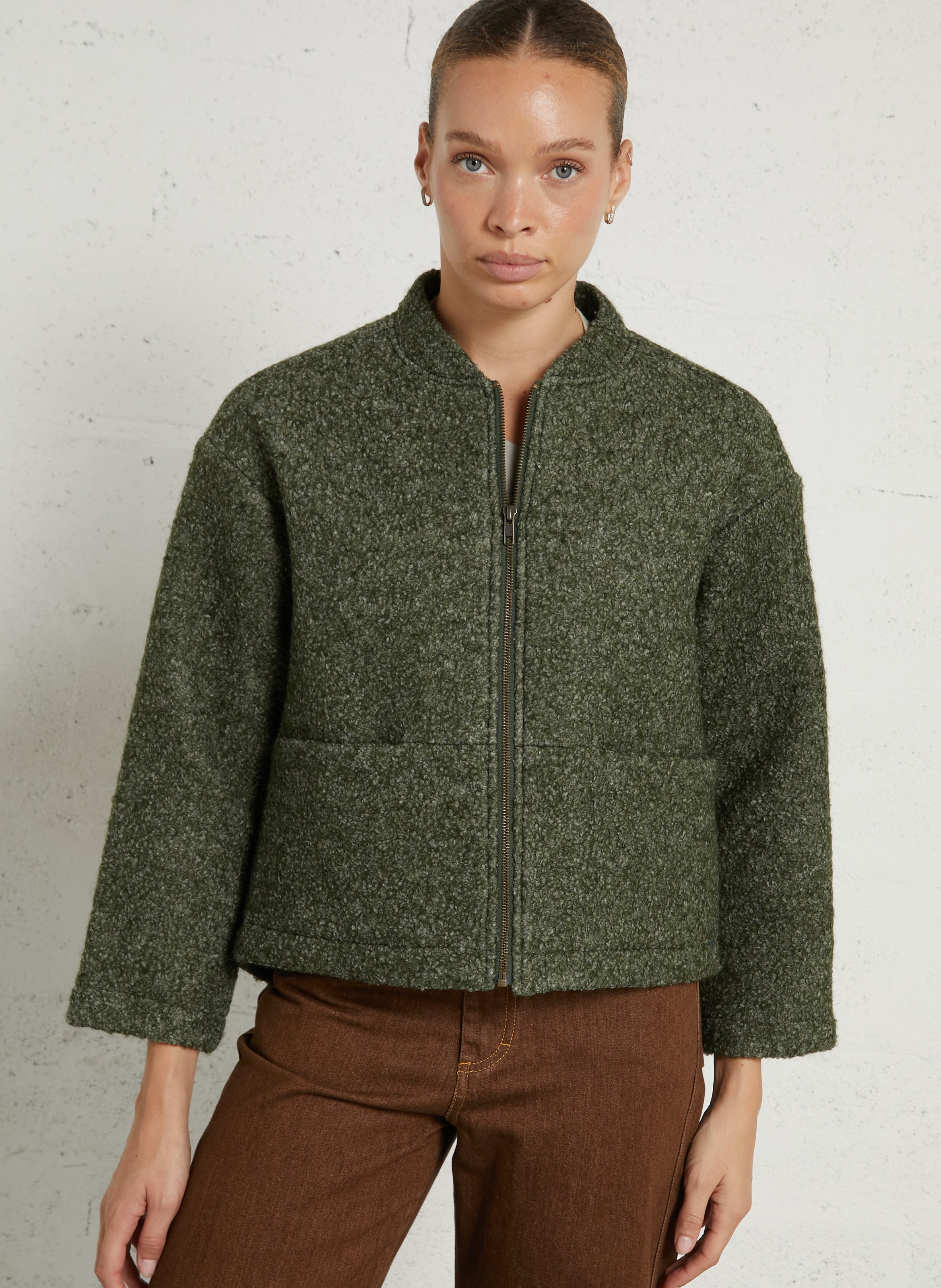 Gerade Jacke mit Teddykragen aus Wollmischung NICE THINGS Khaki