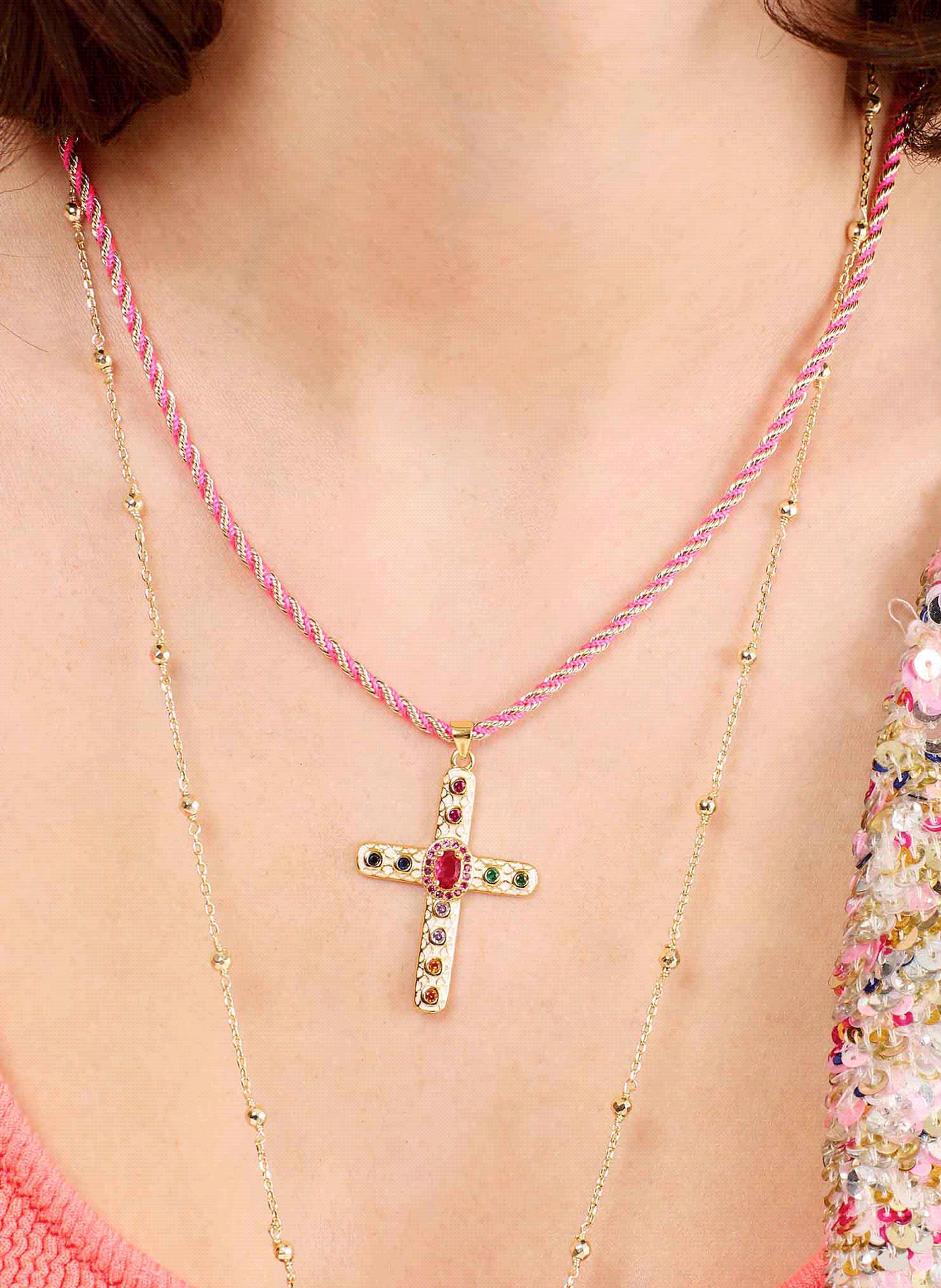Chain necklace with colorful cord and pendant HIPANEMA White