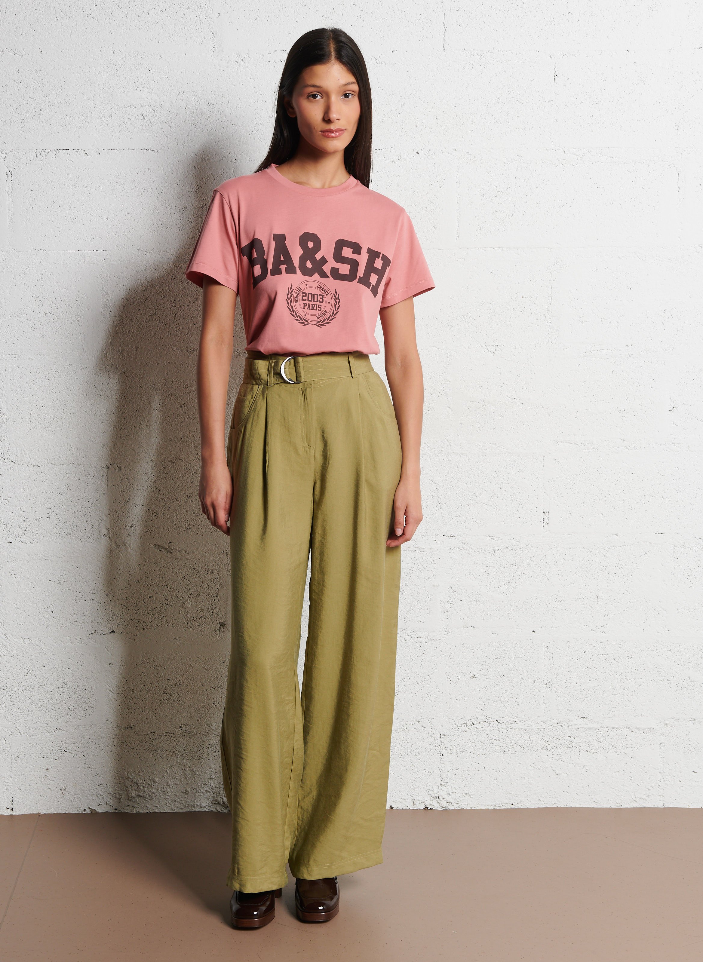 Straight round-neck cotton T-shirt with screen print BA&SH Pink