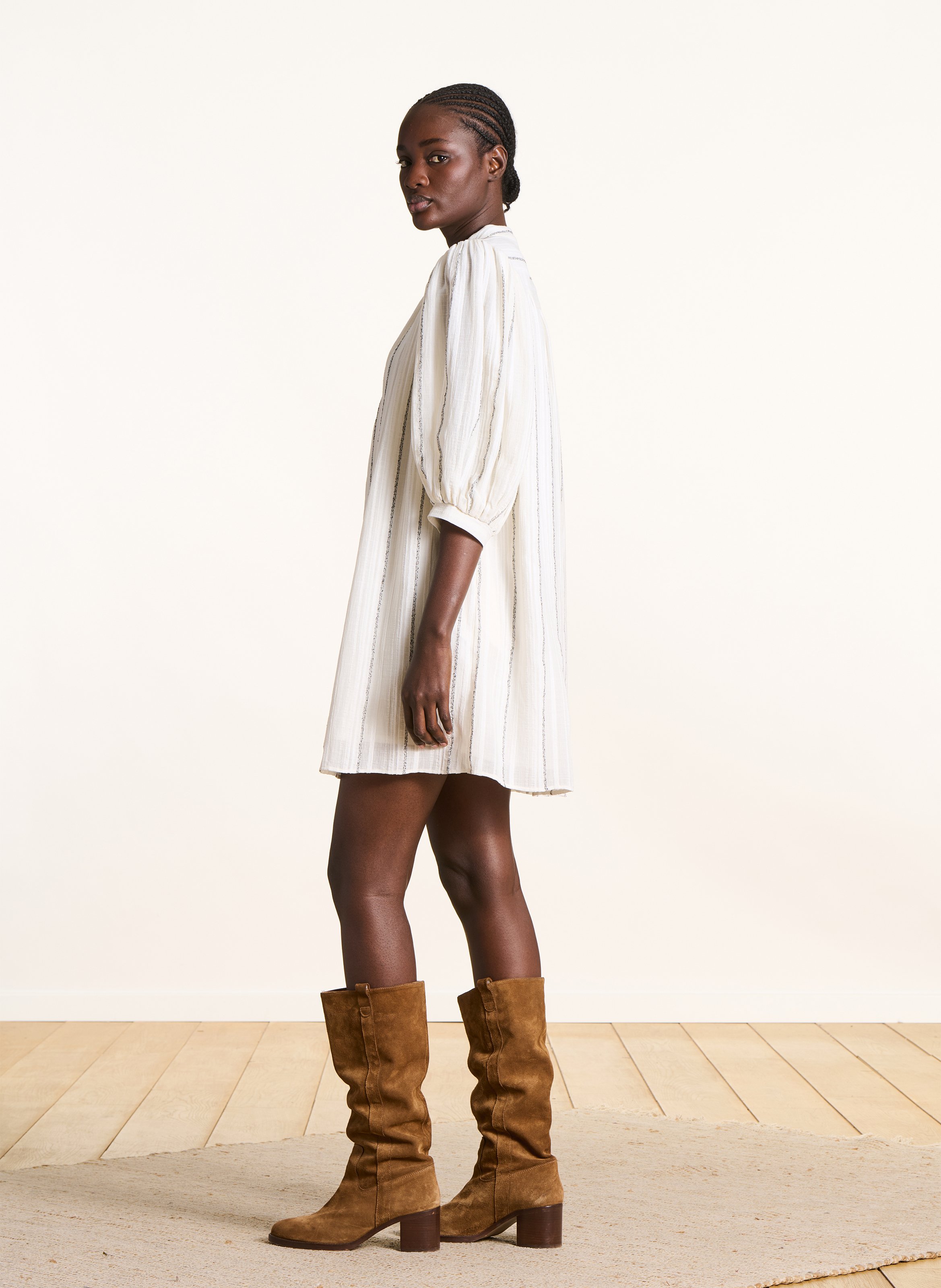 Robe midi à rayures col rond  LA FEE MARABOUTEE Blanc