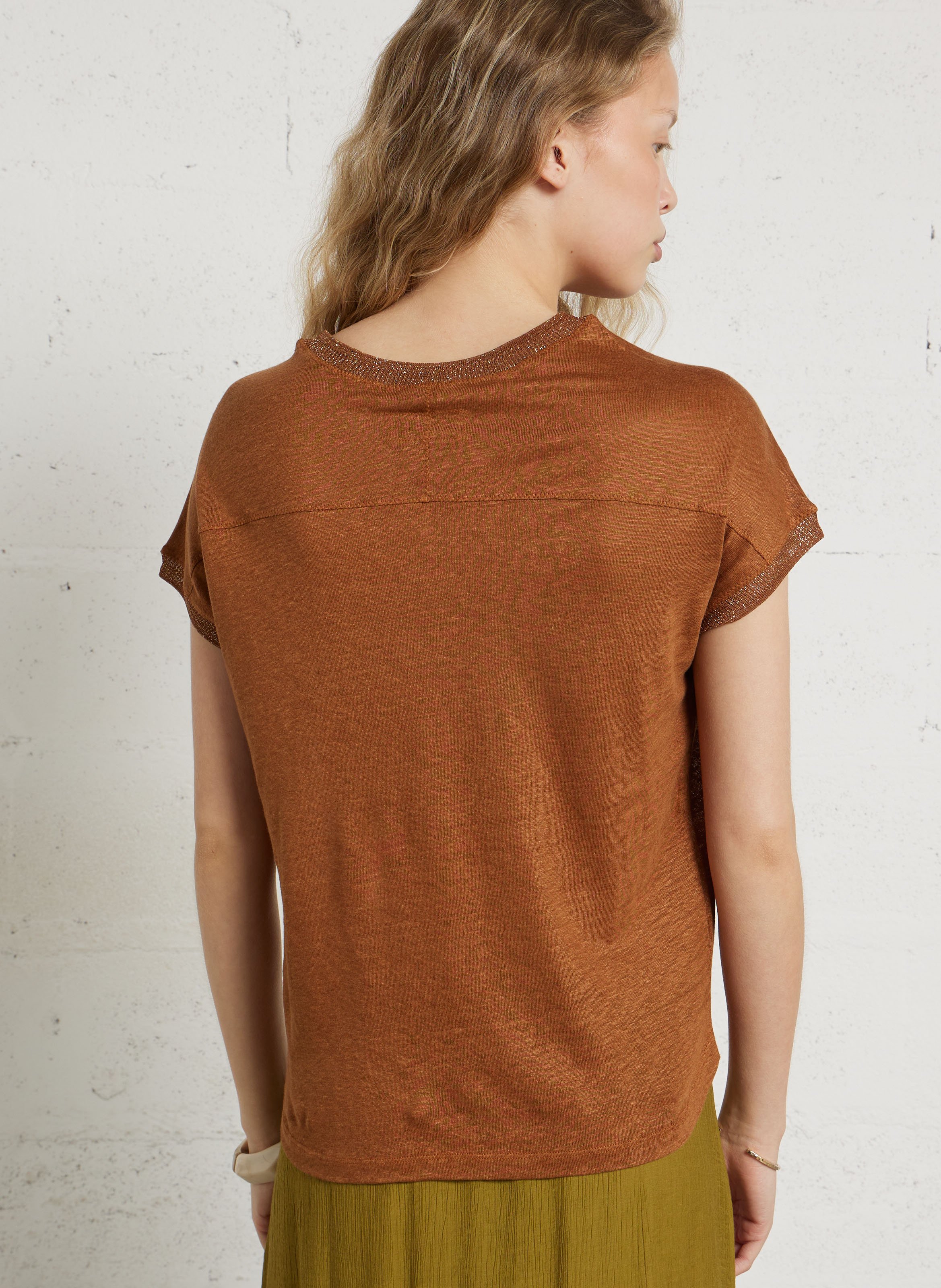 Tee-shirt col V en lin BELLA JONES Marron