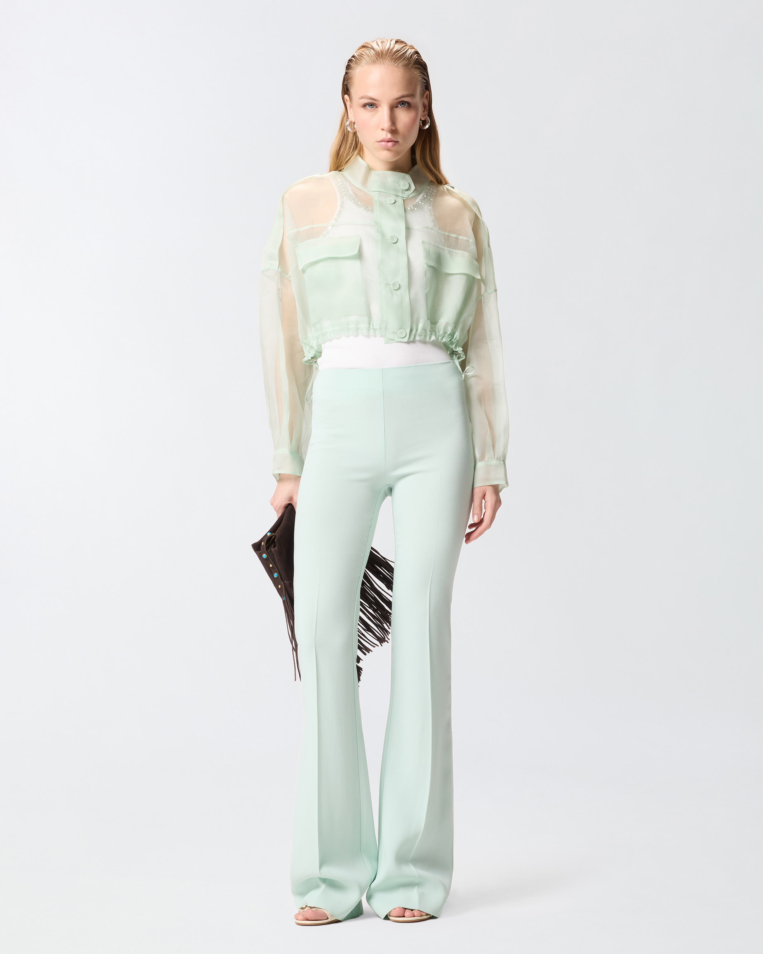 Caban cropped en organza de pure soie PINKO Vert