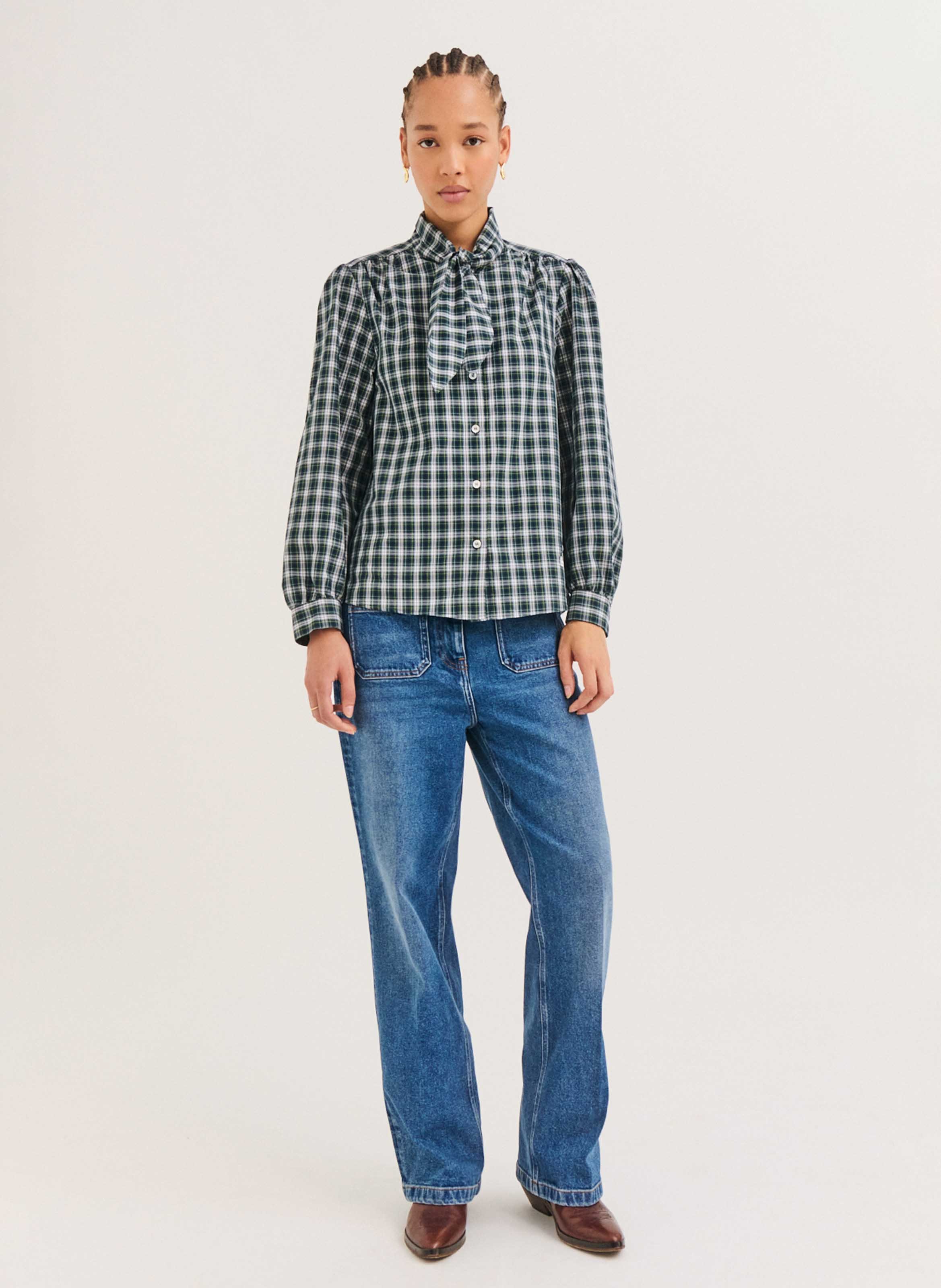 Cotton shirt with pussy-bow collar PABLO Green