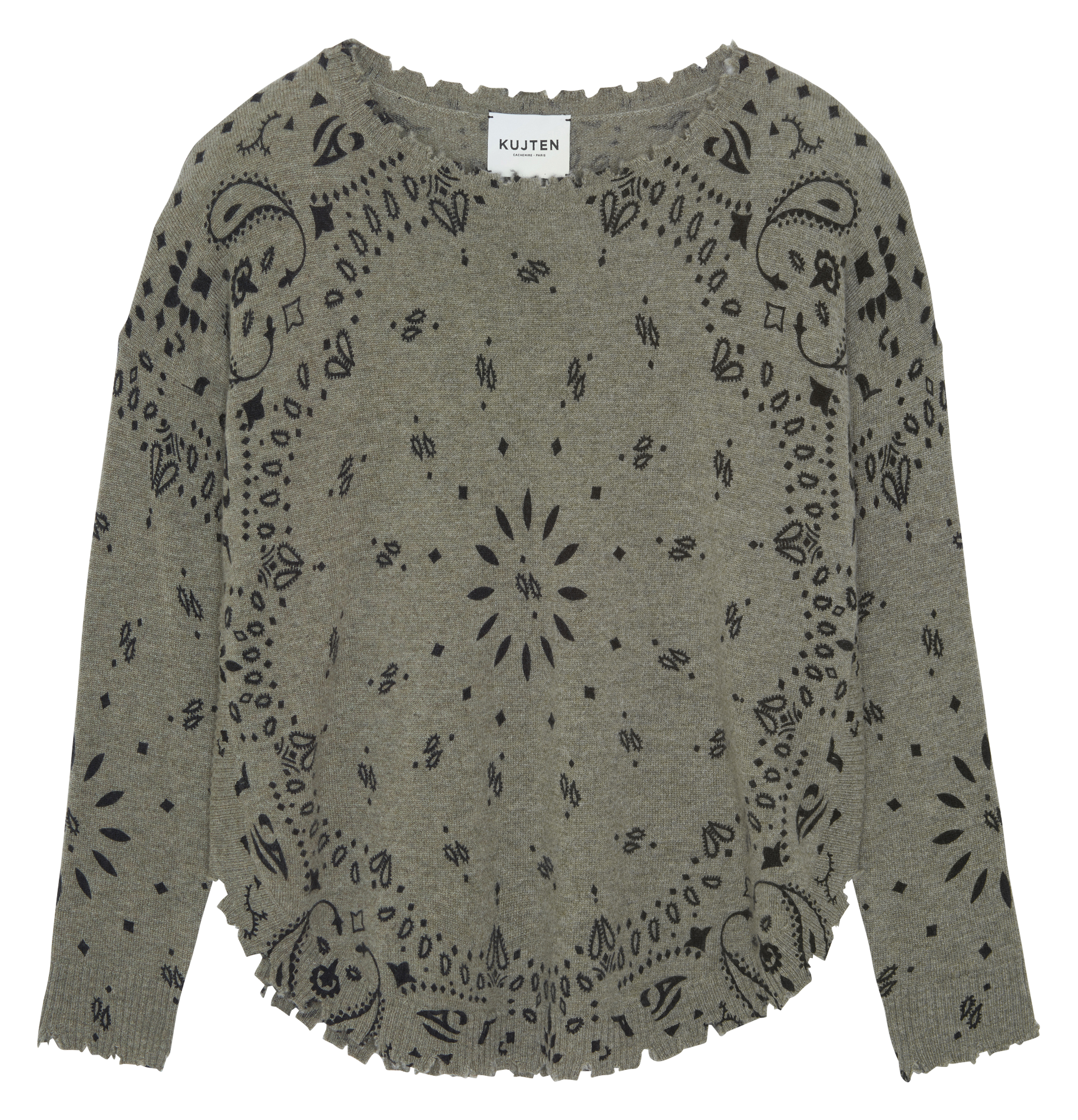 Pull droit col bateau motif bandana en cachemire KUJTEN Kaki