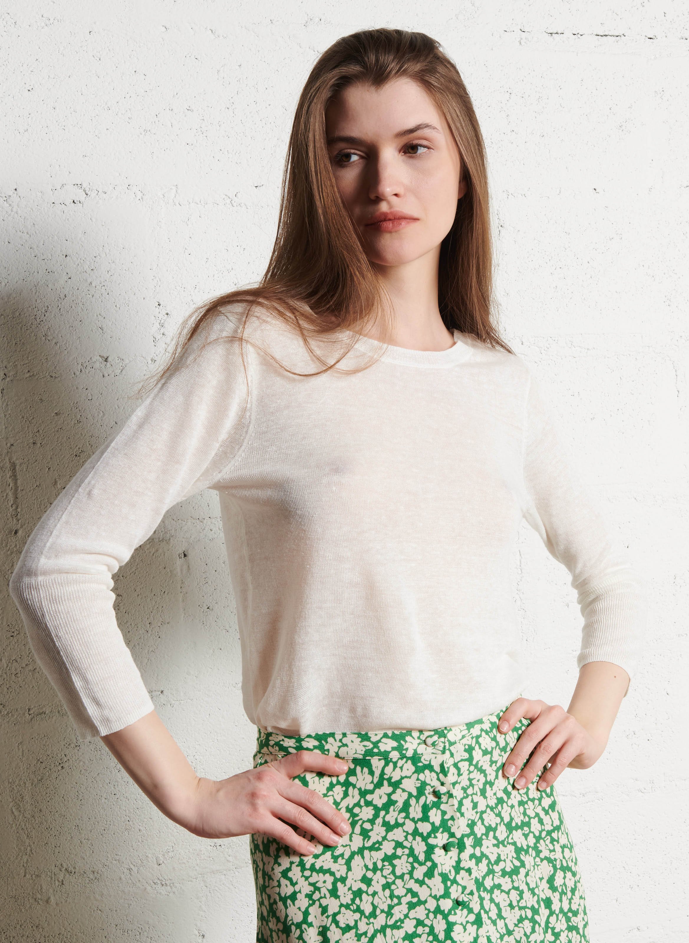 Pull col v manches 3/4 en lin MAJESTIC FILATURES Beige