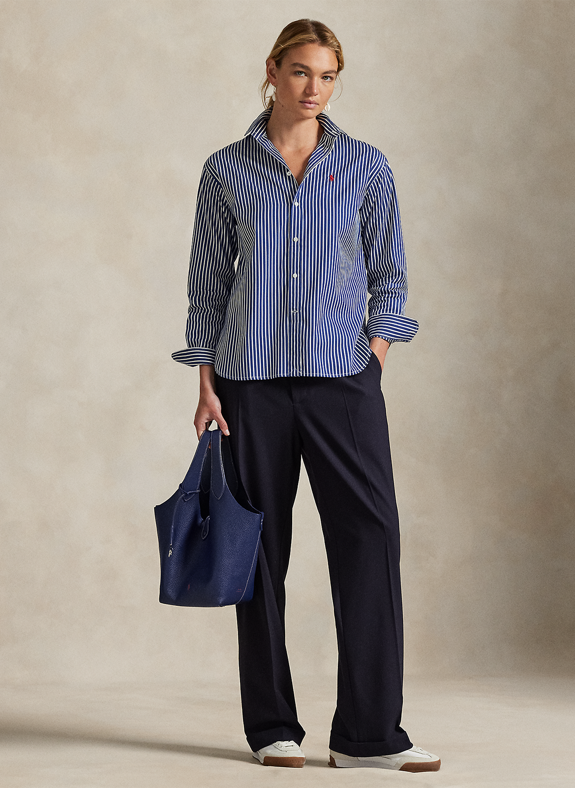 Chemise droite col polo en coton rayé POLO RALPH LAUREN Bleu