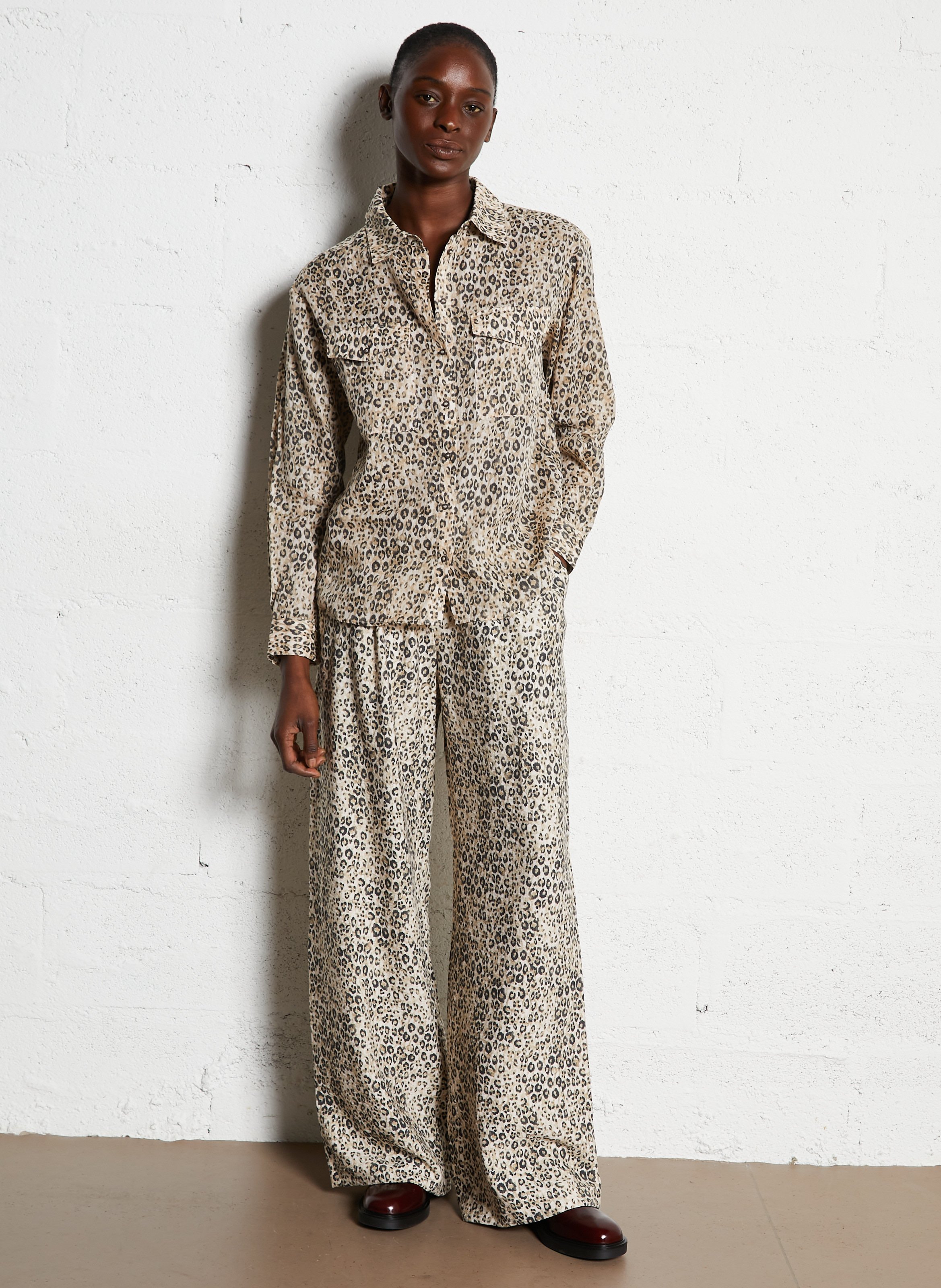 Flowy Wide Leg Leopard Print Pants MAISON 123 Beige