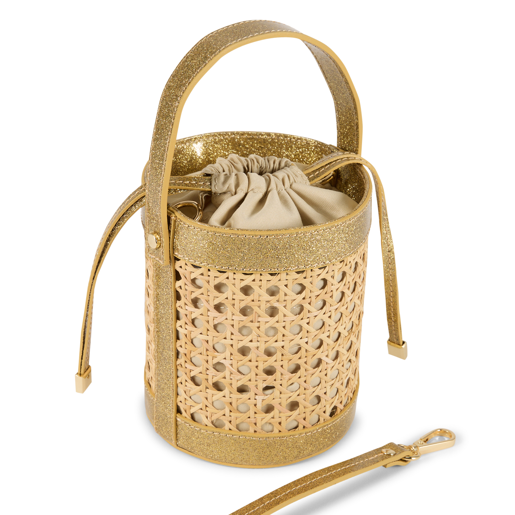 Sac seau en rotin et cuir LANCASTER PARIS Doré