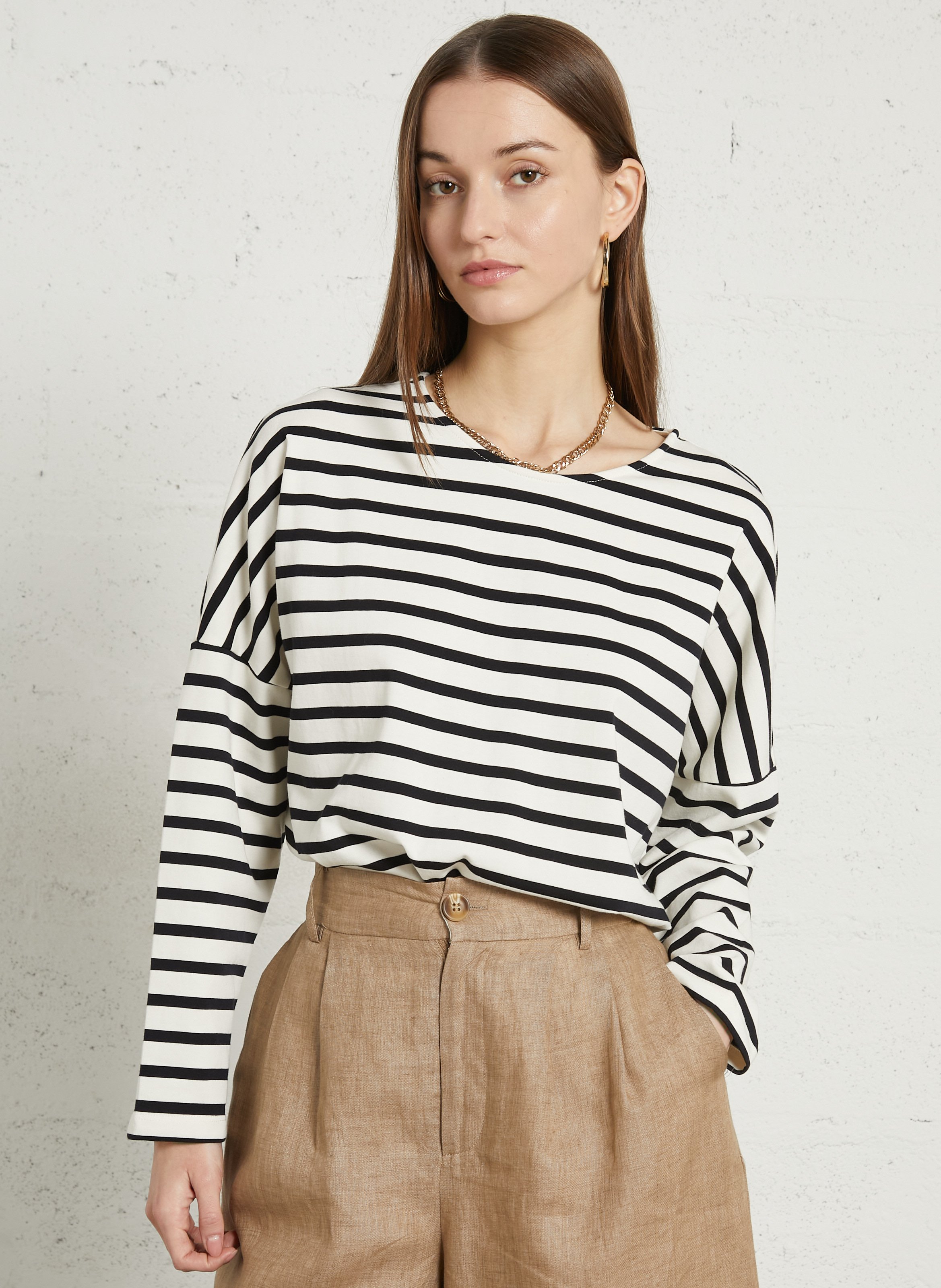 Tee-shirt ample à rayures DES PETITS HAUTS Noir