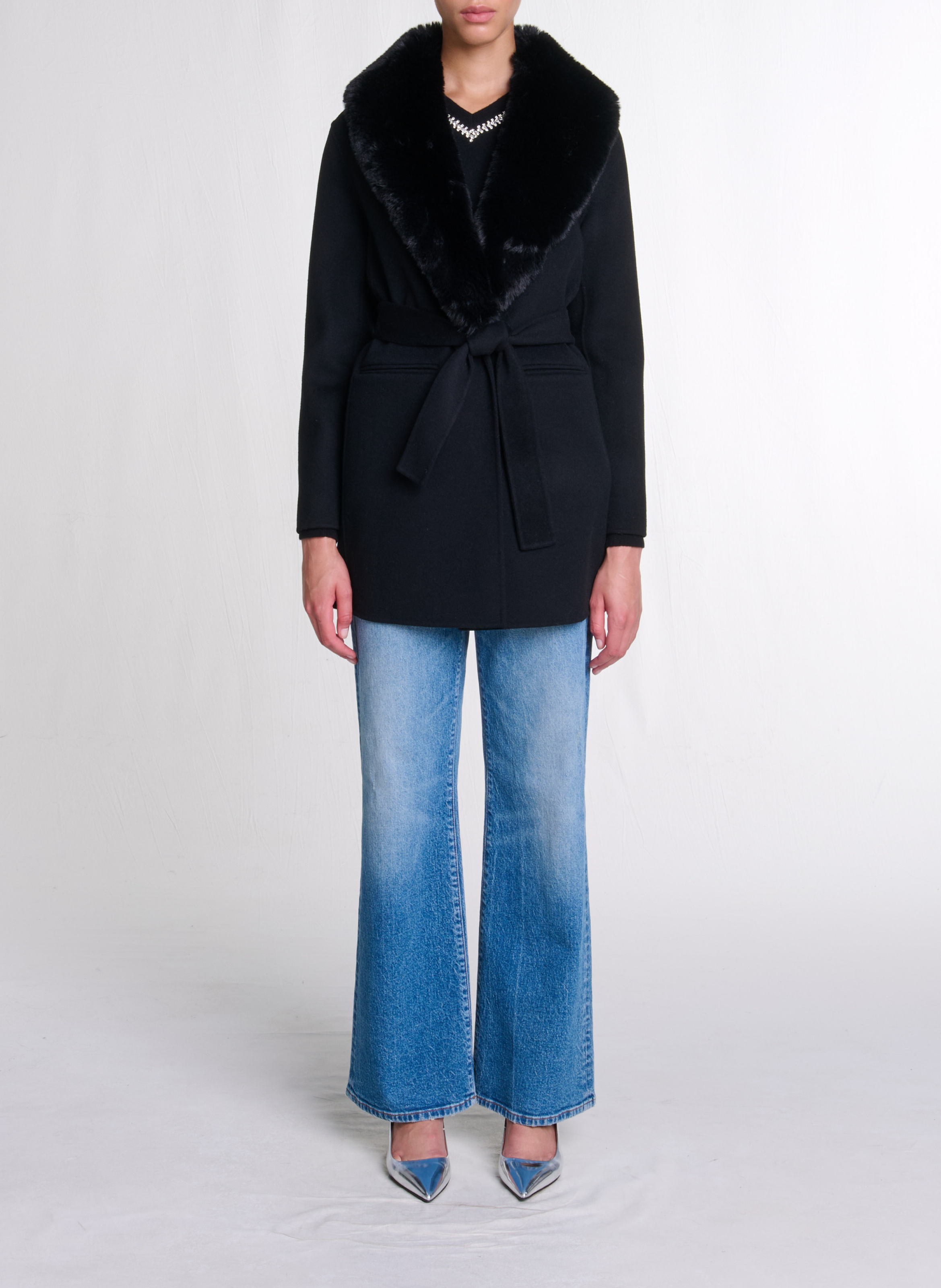 Jas met kraag met bonteffect in gemengde wol MAJE Zwart