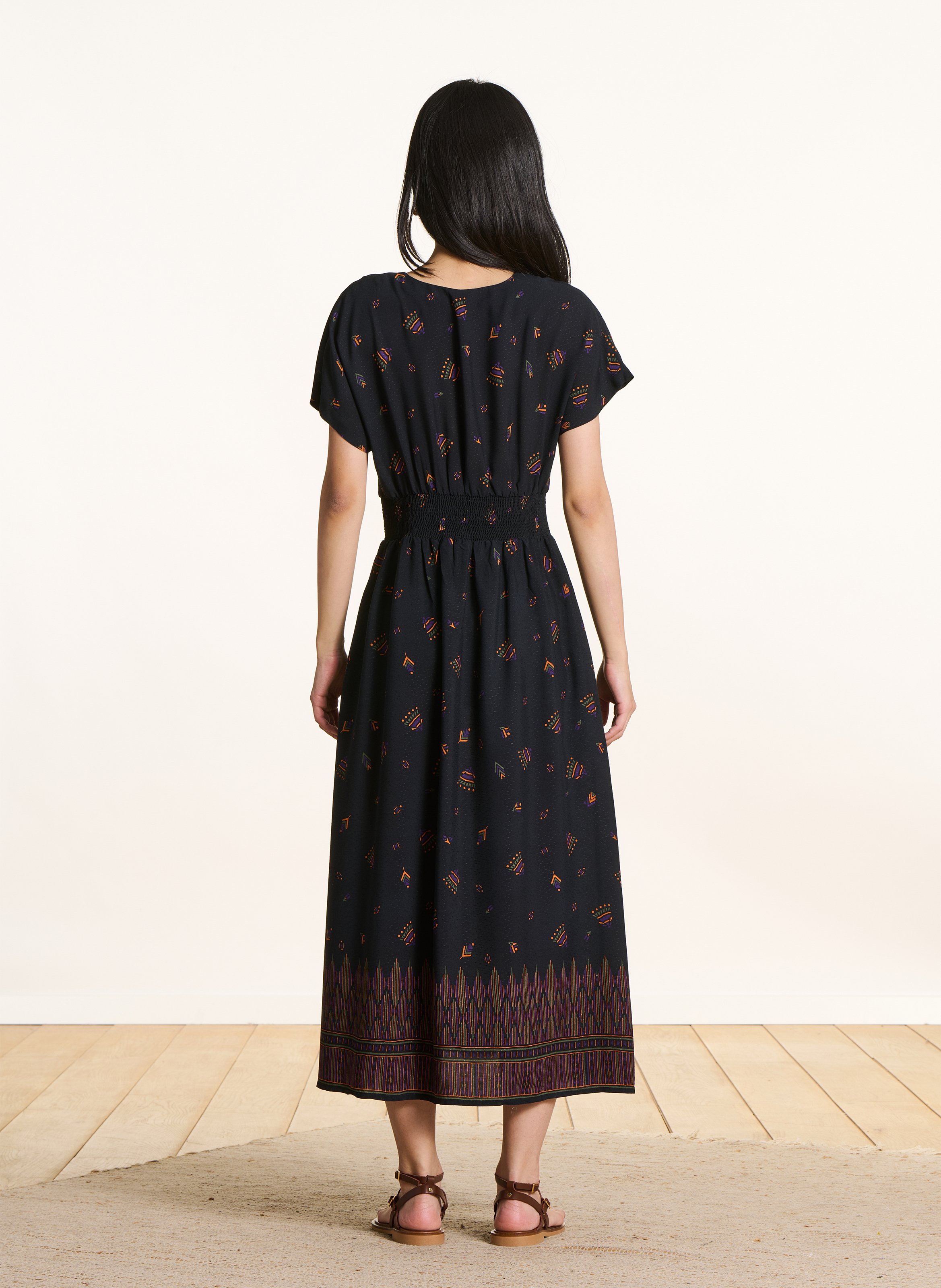 Robe longue col V imprimée LA FEE MARABOUTEE Noir