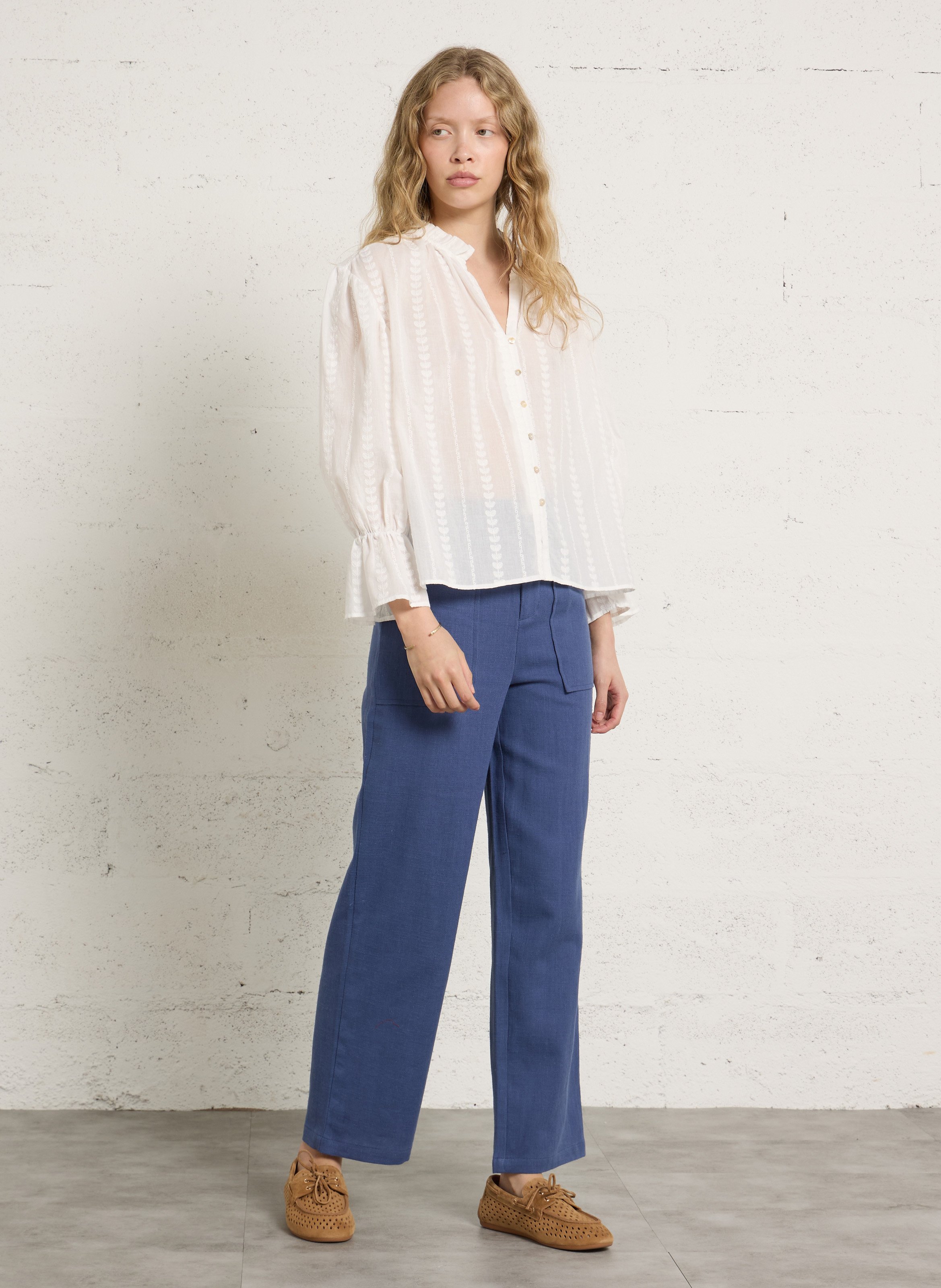 Pantalon droit taille haute en coton et lin THE KORNER Bleu