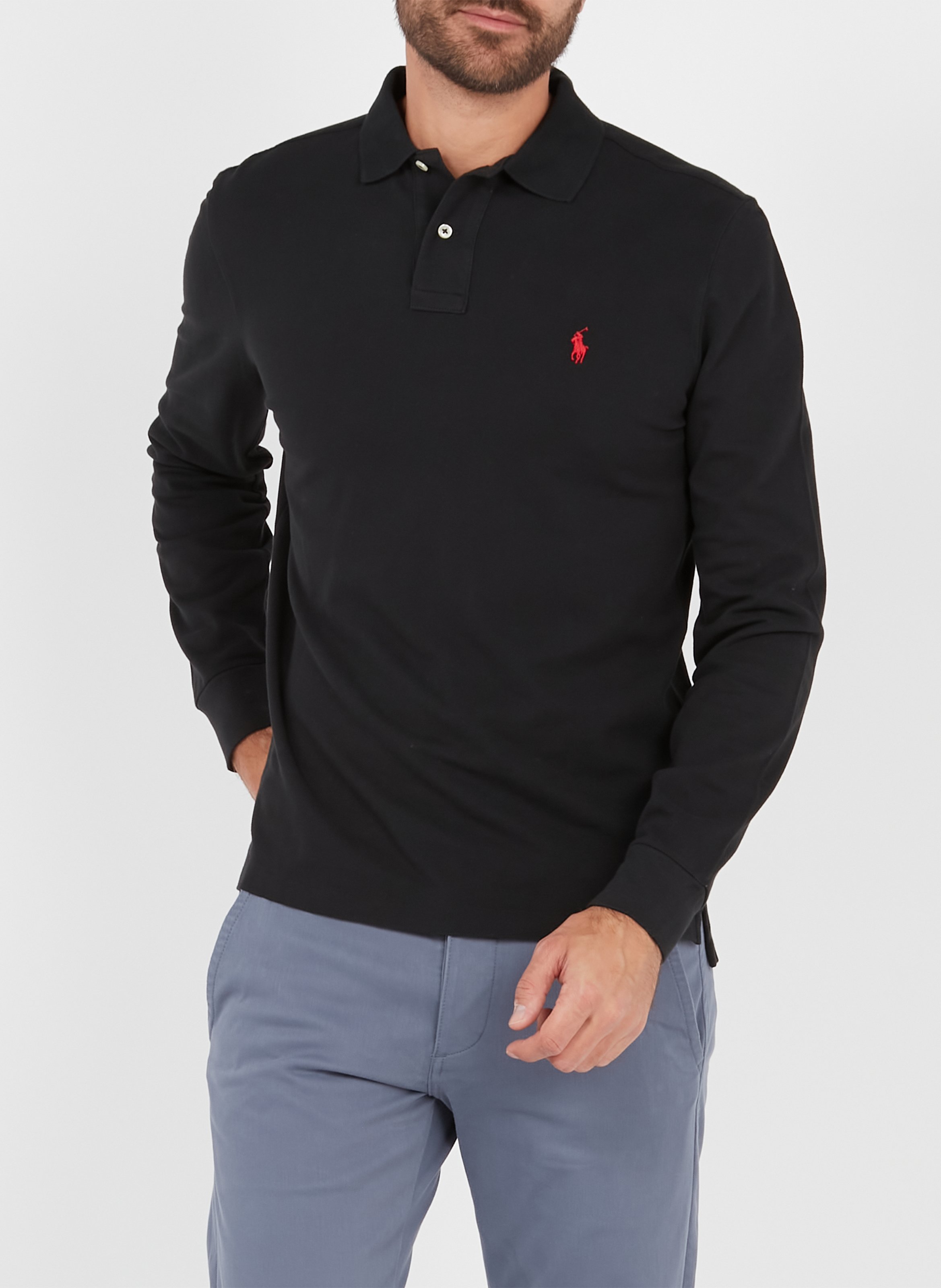Regular-fit cotton piqué polo shirt with long sleeves Black
