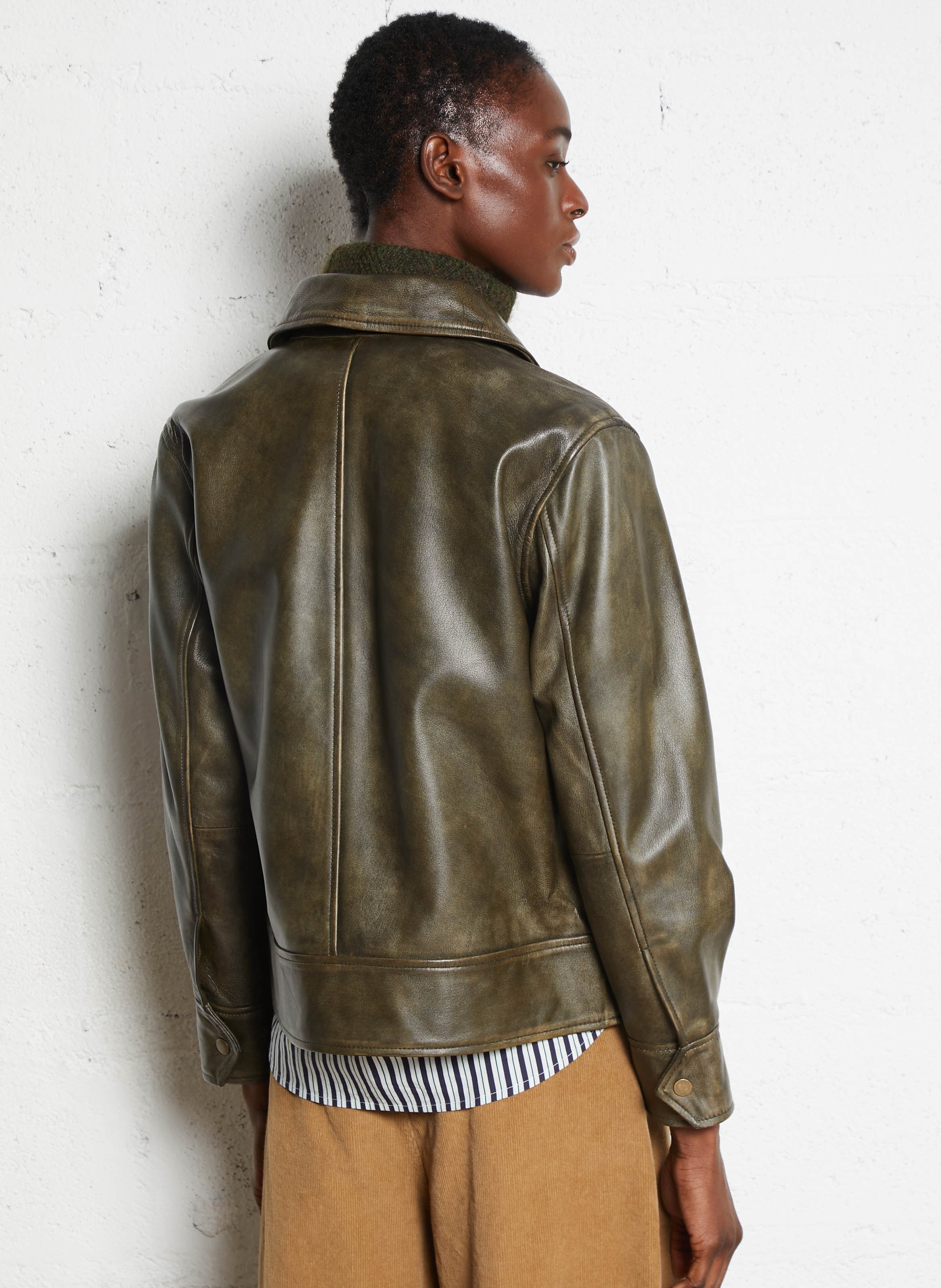 Veste col classique en cuir MAISON 123 Kaki