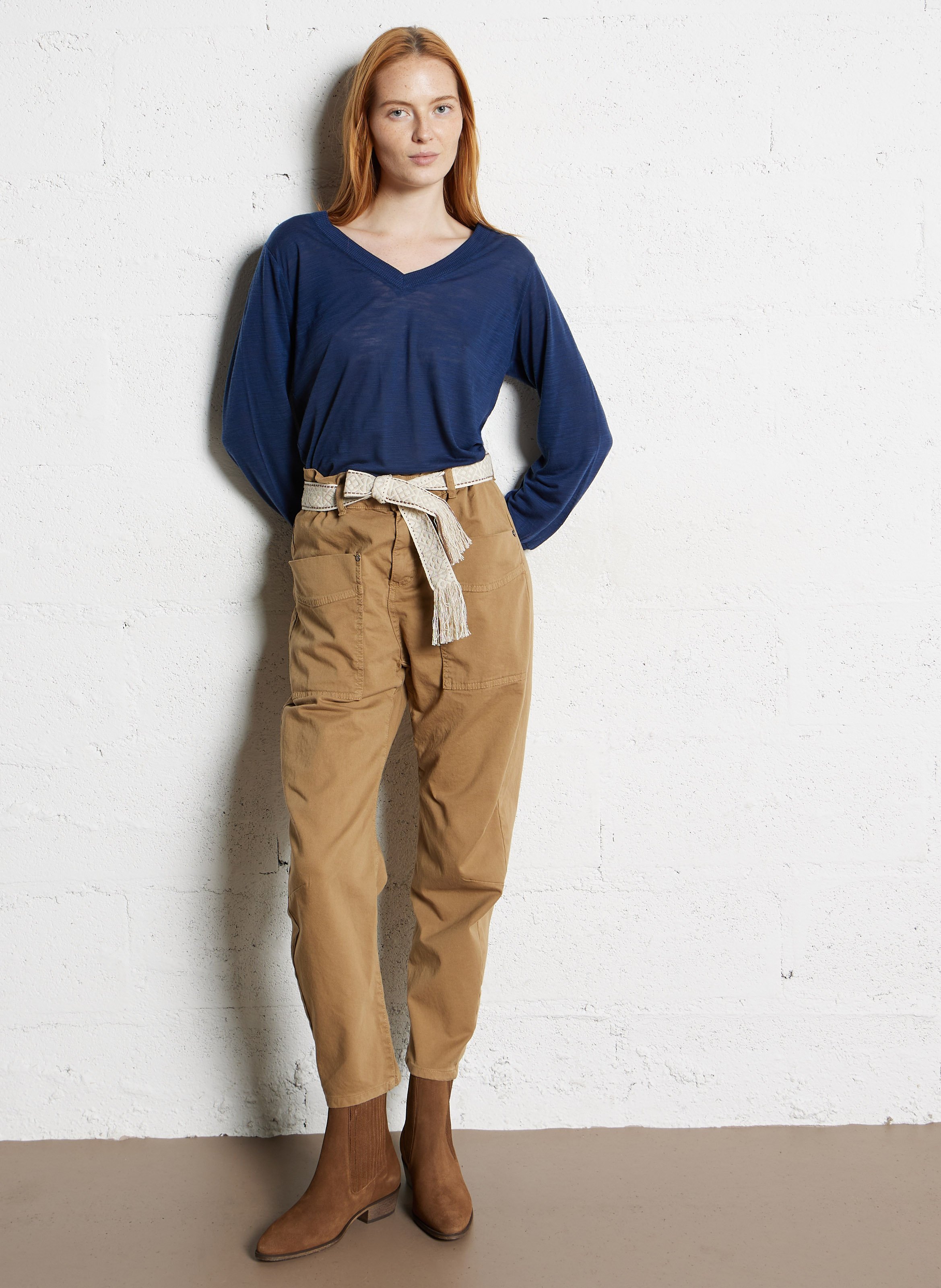 T-shirt met V-hals en lange mouwen in effen kleur BENSIMON Blauw