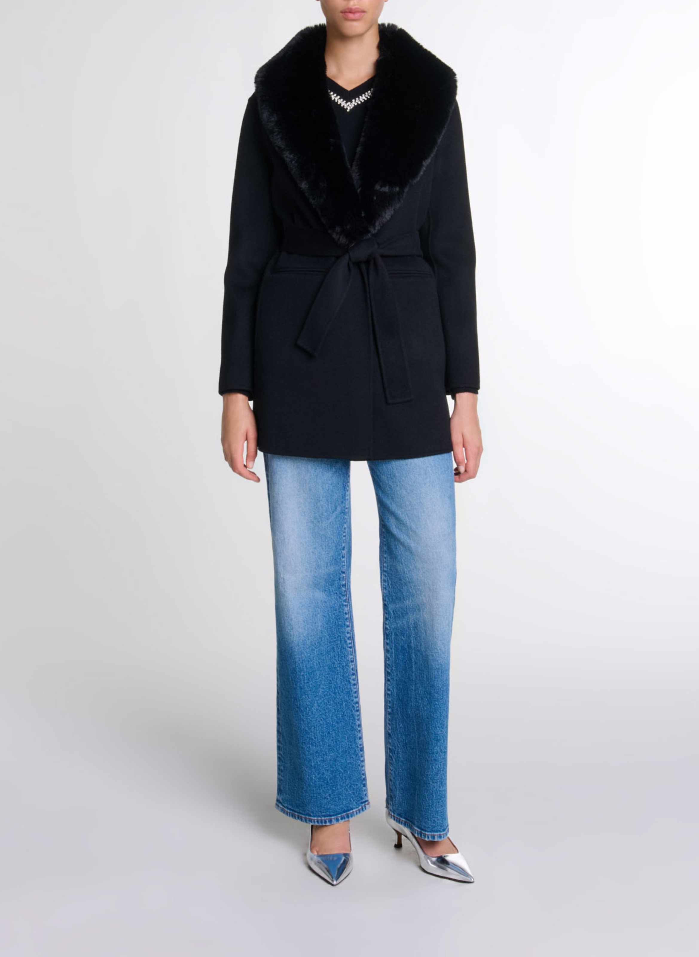 Jas met kraag met bonteffect in gemengde wol MAJE Zwart