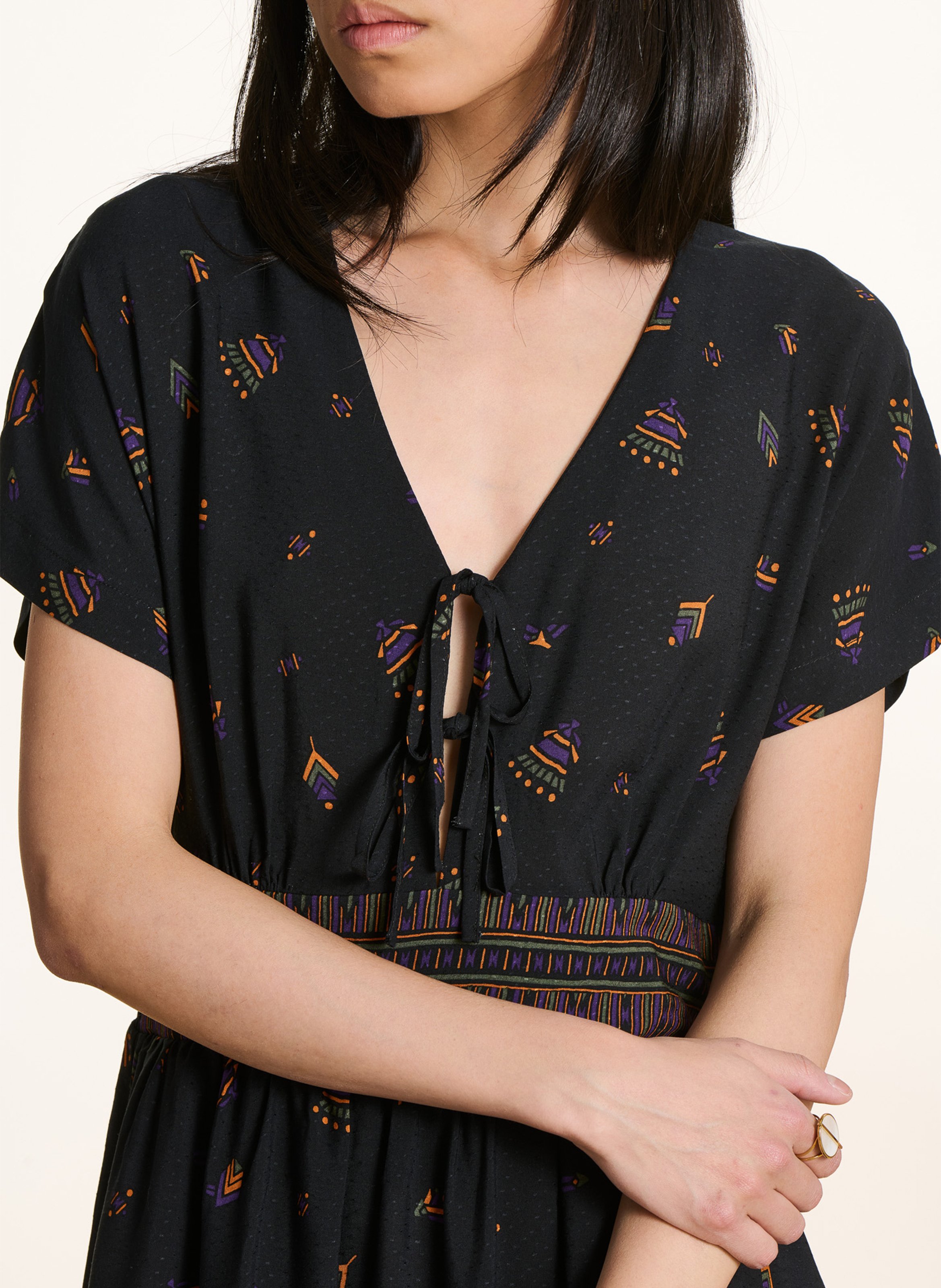 Robe longue col V imprimée LA FEE MARABOUTEE Noir