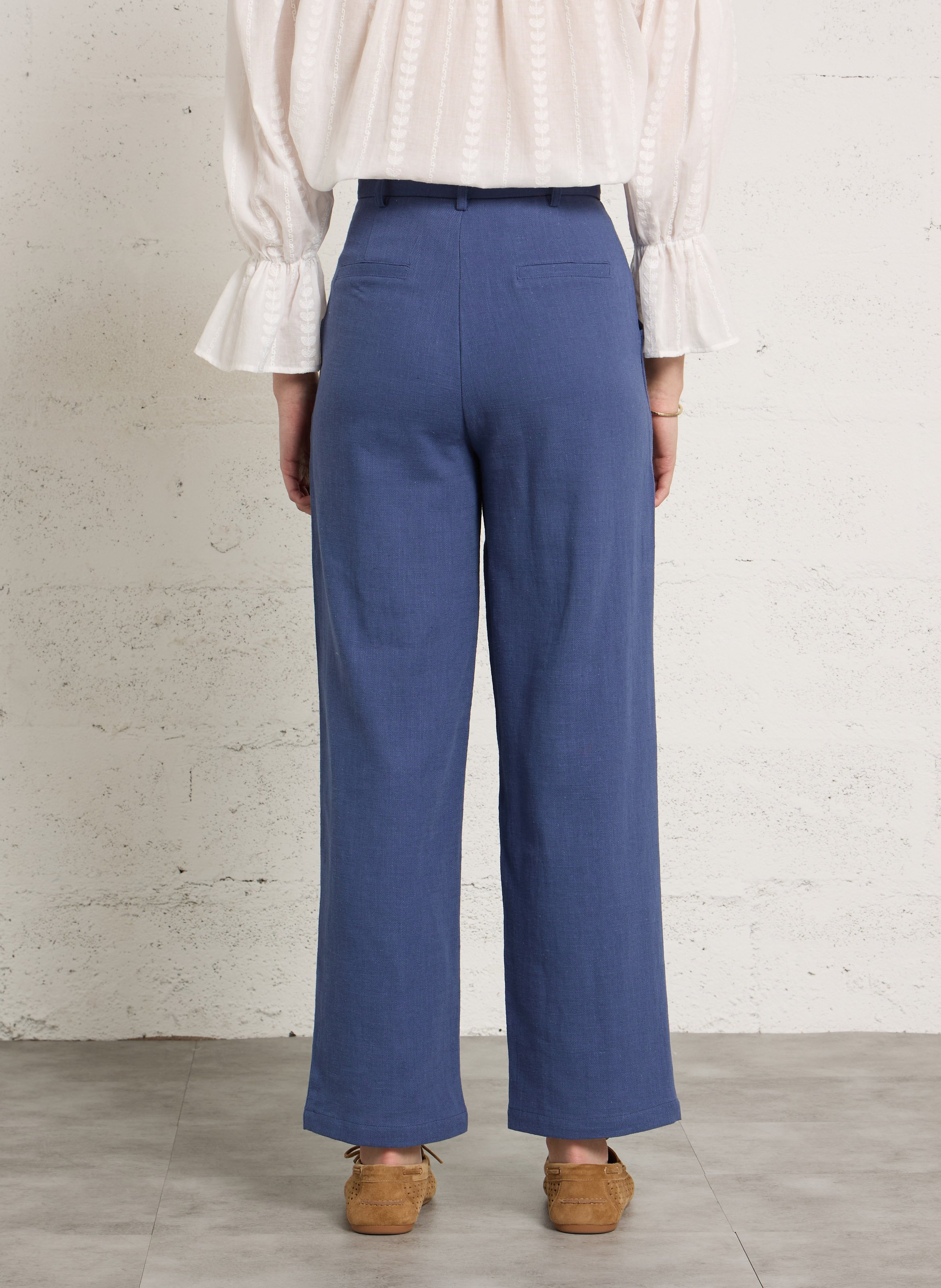 Pantalon droit taille haute en coton et lin THE KORNER Bleu
