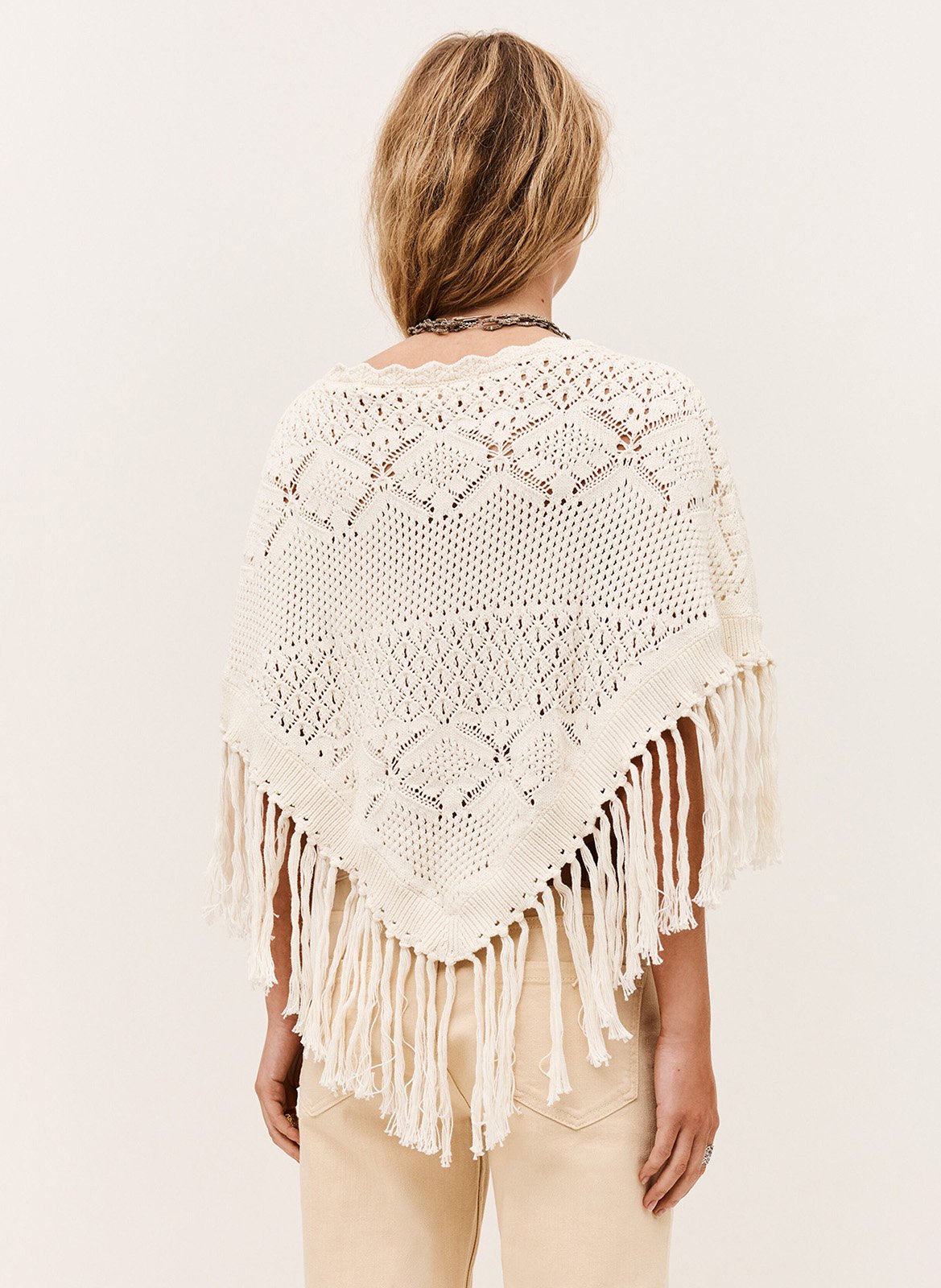 Poncho à franges en maille crochet BA&SH Beige