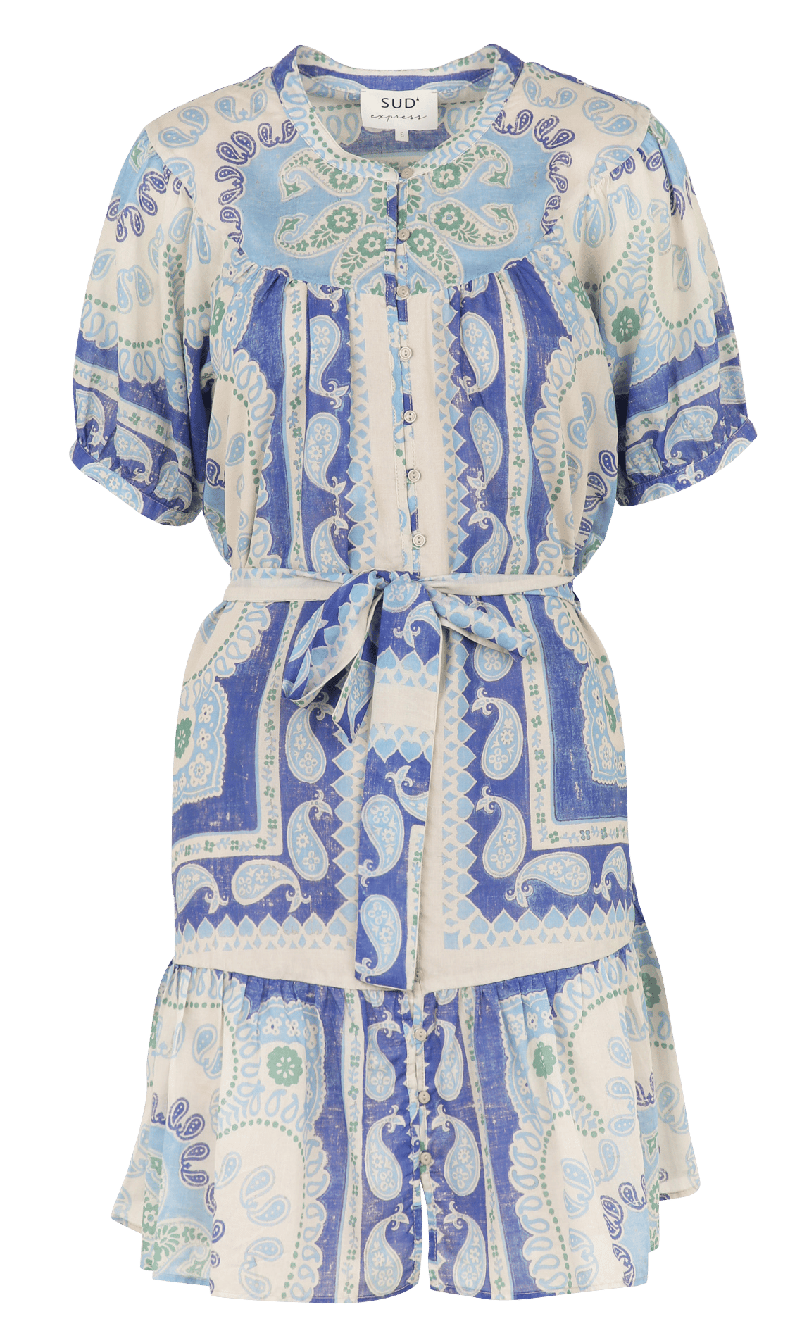 Bedrucktes Kurzkleid mit Rundhalsausschnitt aus Baumwolle SUD EXPRESS Blau