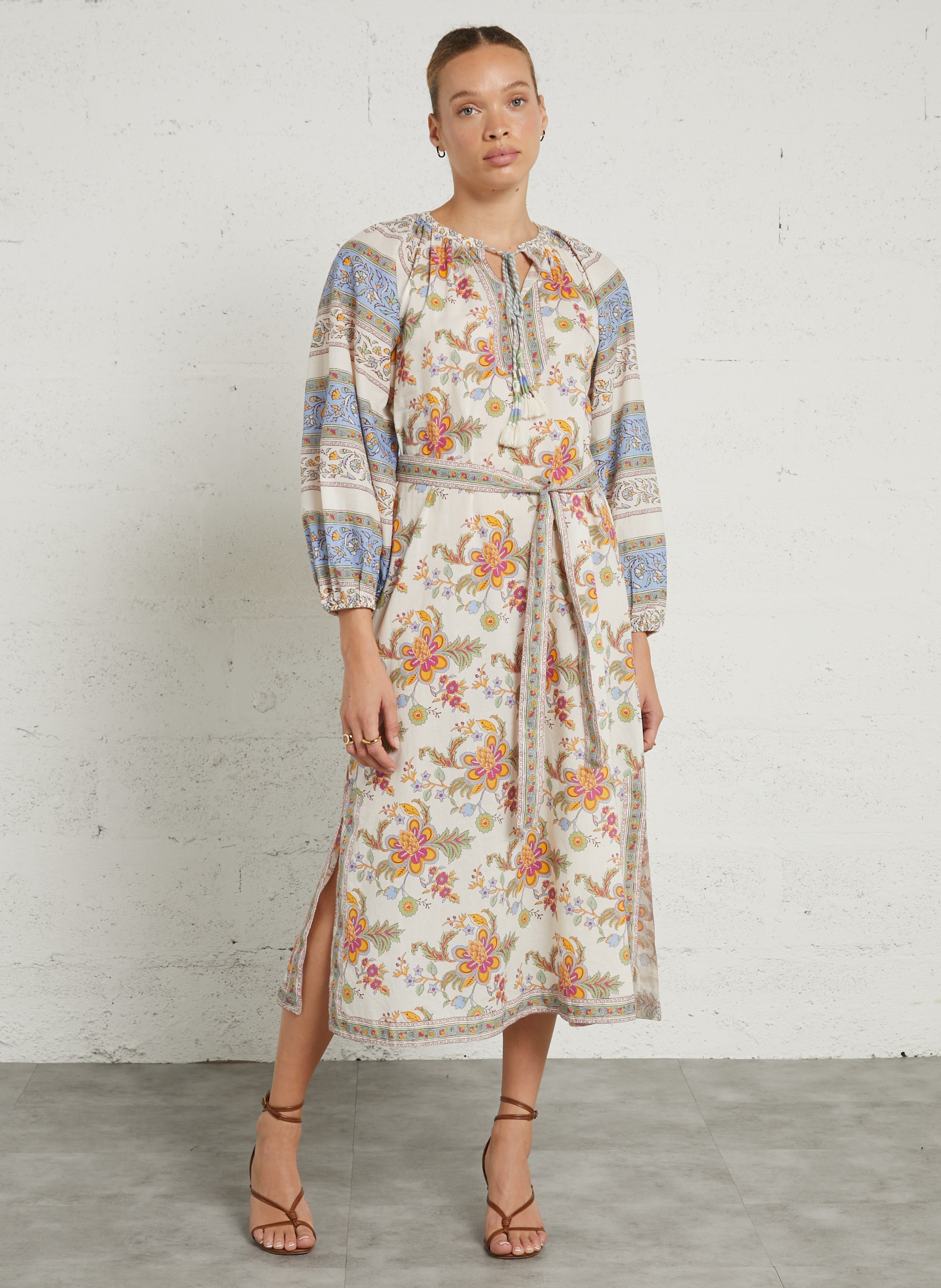 Lange, katoenen jurk met tuniekhals en print SUD EXPRESS Blauw
