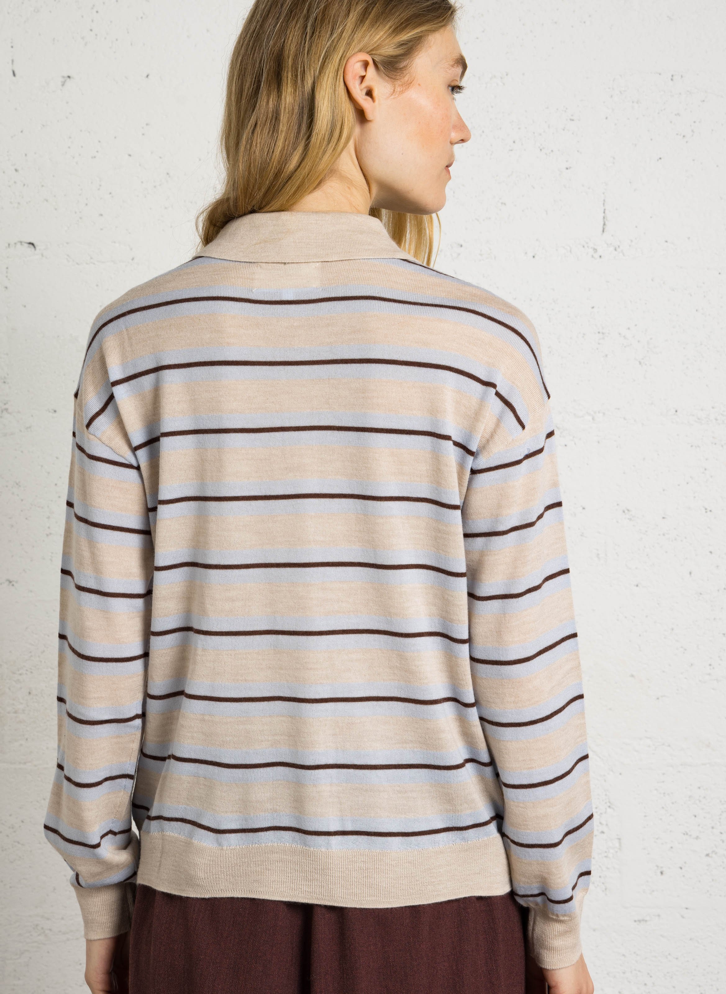 Gestreepte wollen polotrui met knoopsluiting SUD EXPRESS Beige