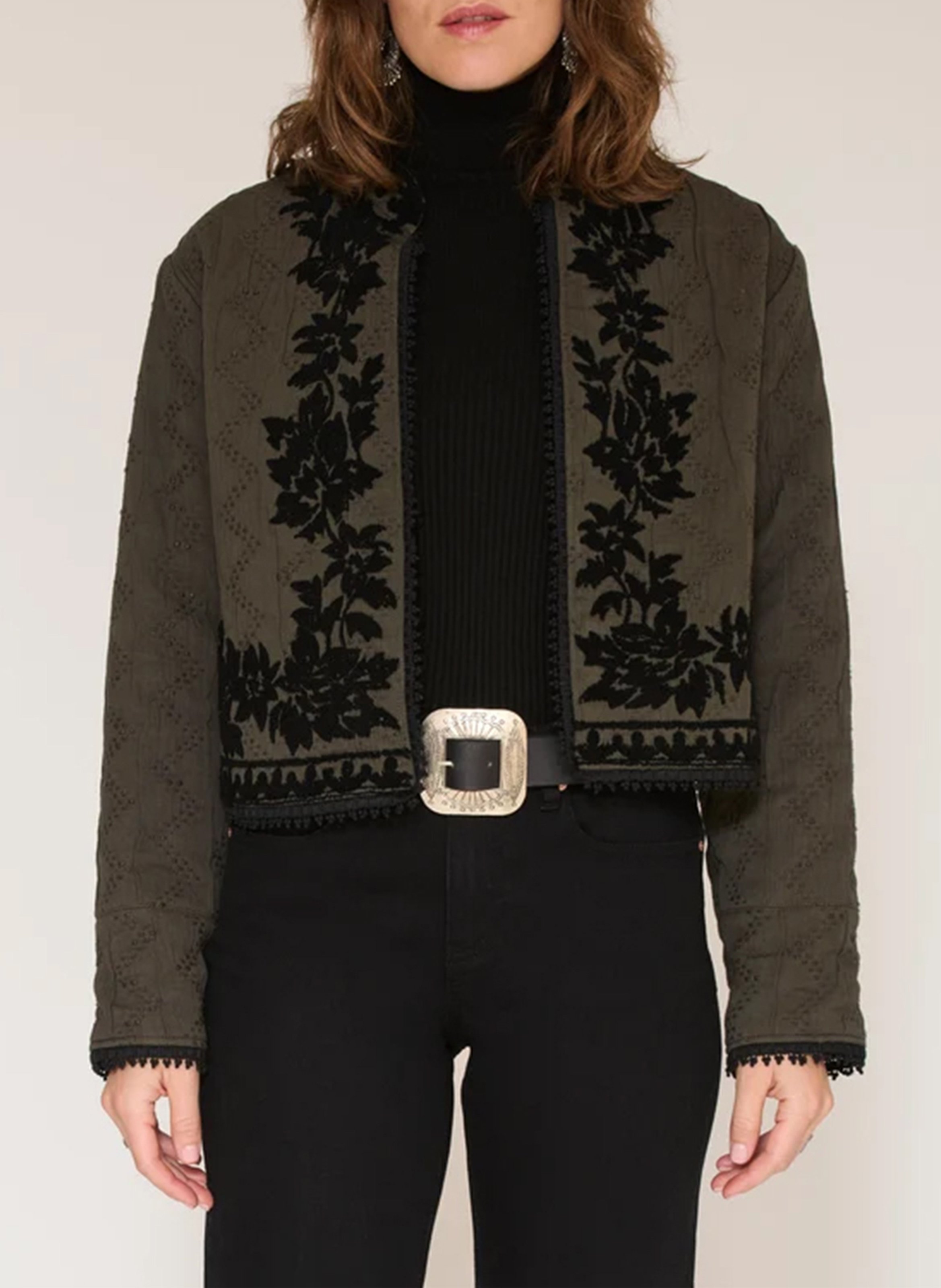 Veste brodée courte droite en coton MKT Kaki