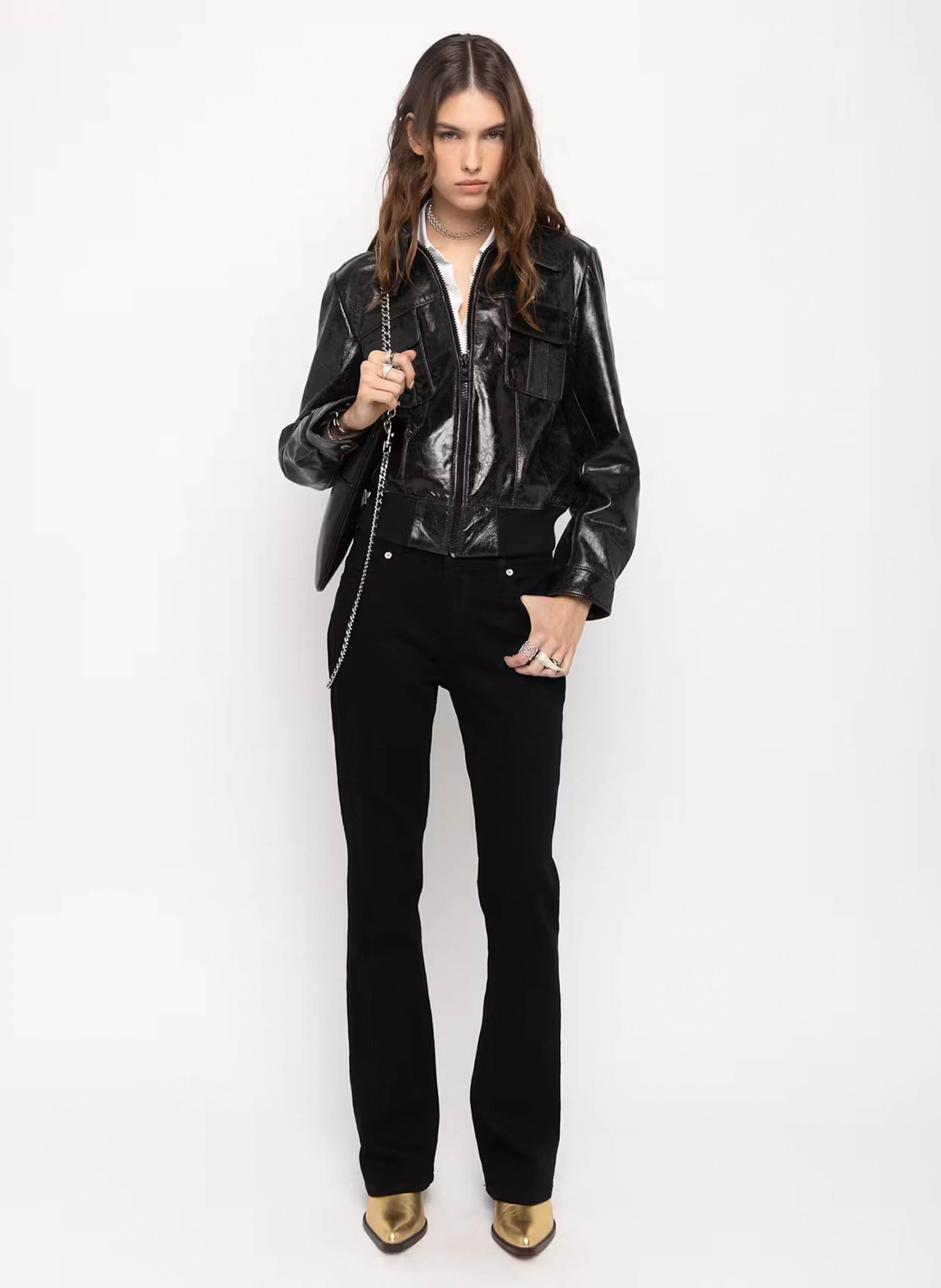 Blouson droit zippé en cuir ZADIG&VOLTAIRE Noir