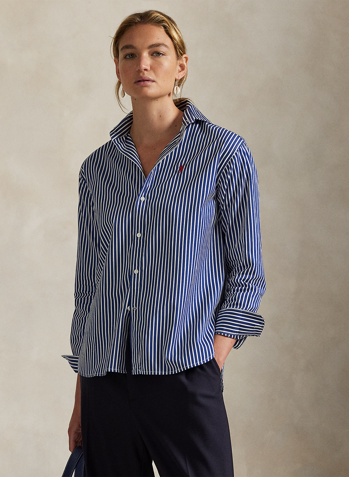 Chemise droite col polo en coton rayé POLO RALPH LAUREN Bleu