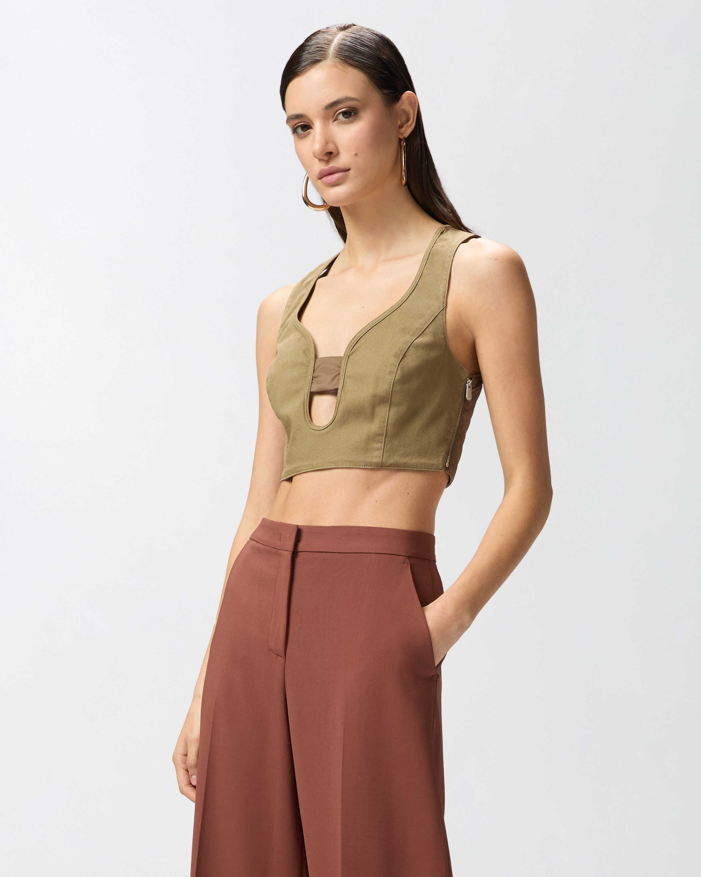 Crop top en coton avec décolleté Gris Pinko Femme Place des