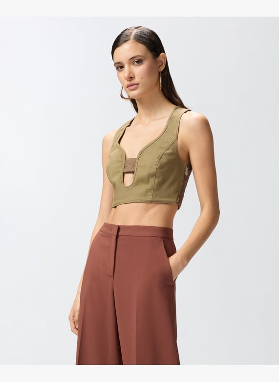 Crop top en coton avec décolleté Gris Pinko Femme Place des