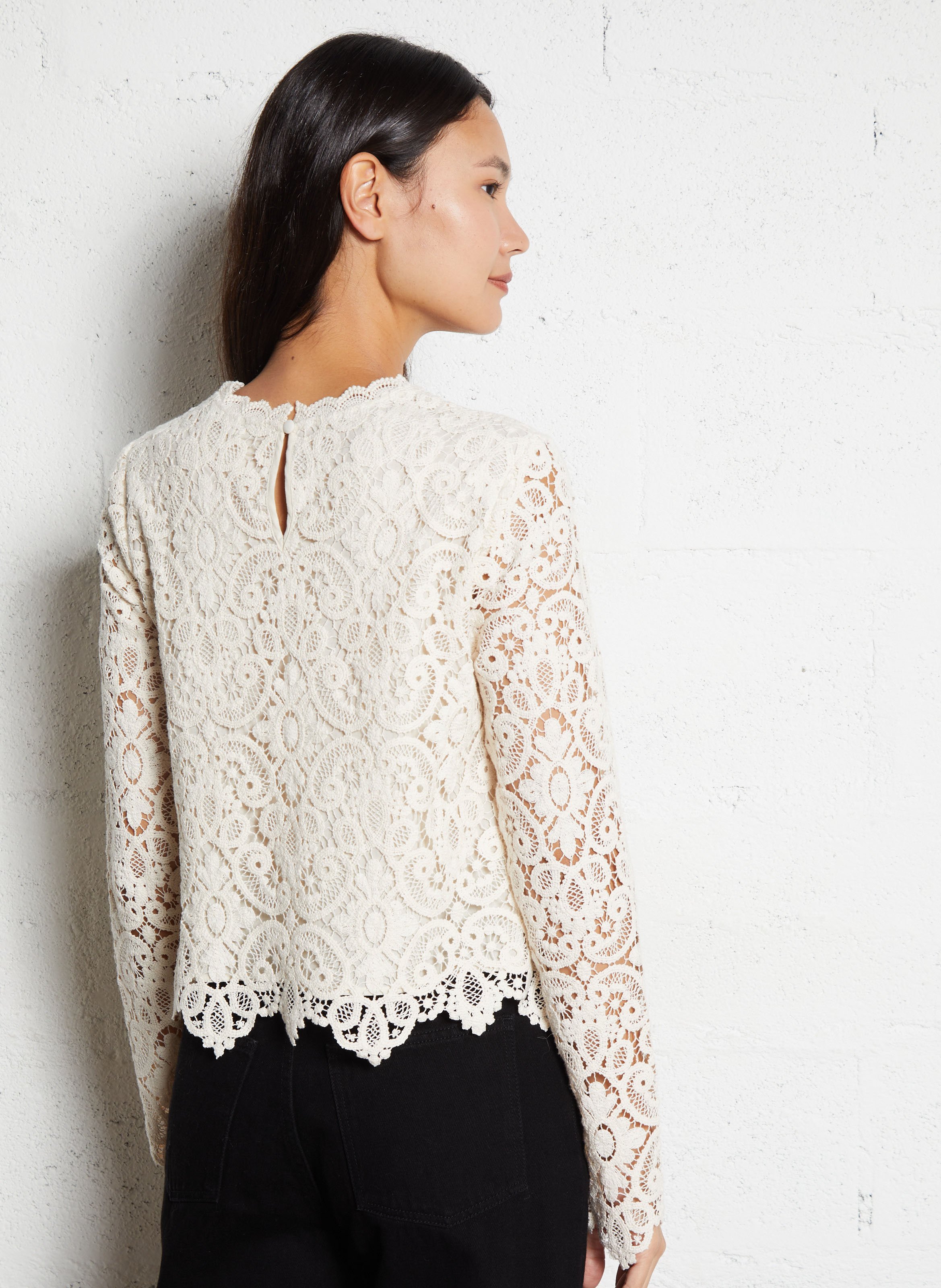 Langarmshirt mit Bio-Baumwollspitze THE NEW SOCIETY Weiss