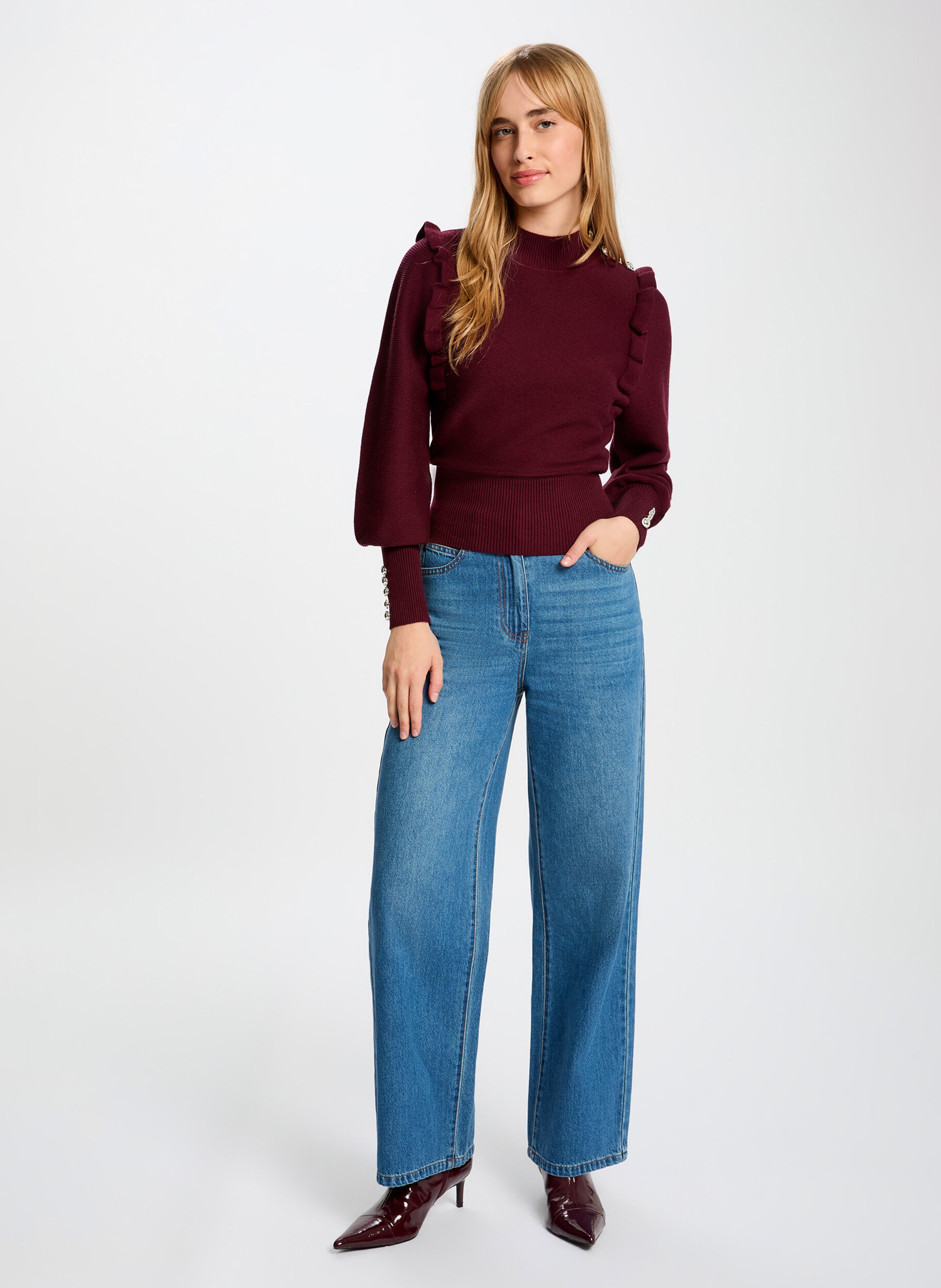 Pull cintré à volants et boutons MORGAN Violet