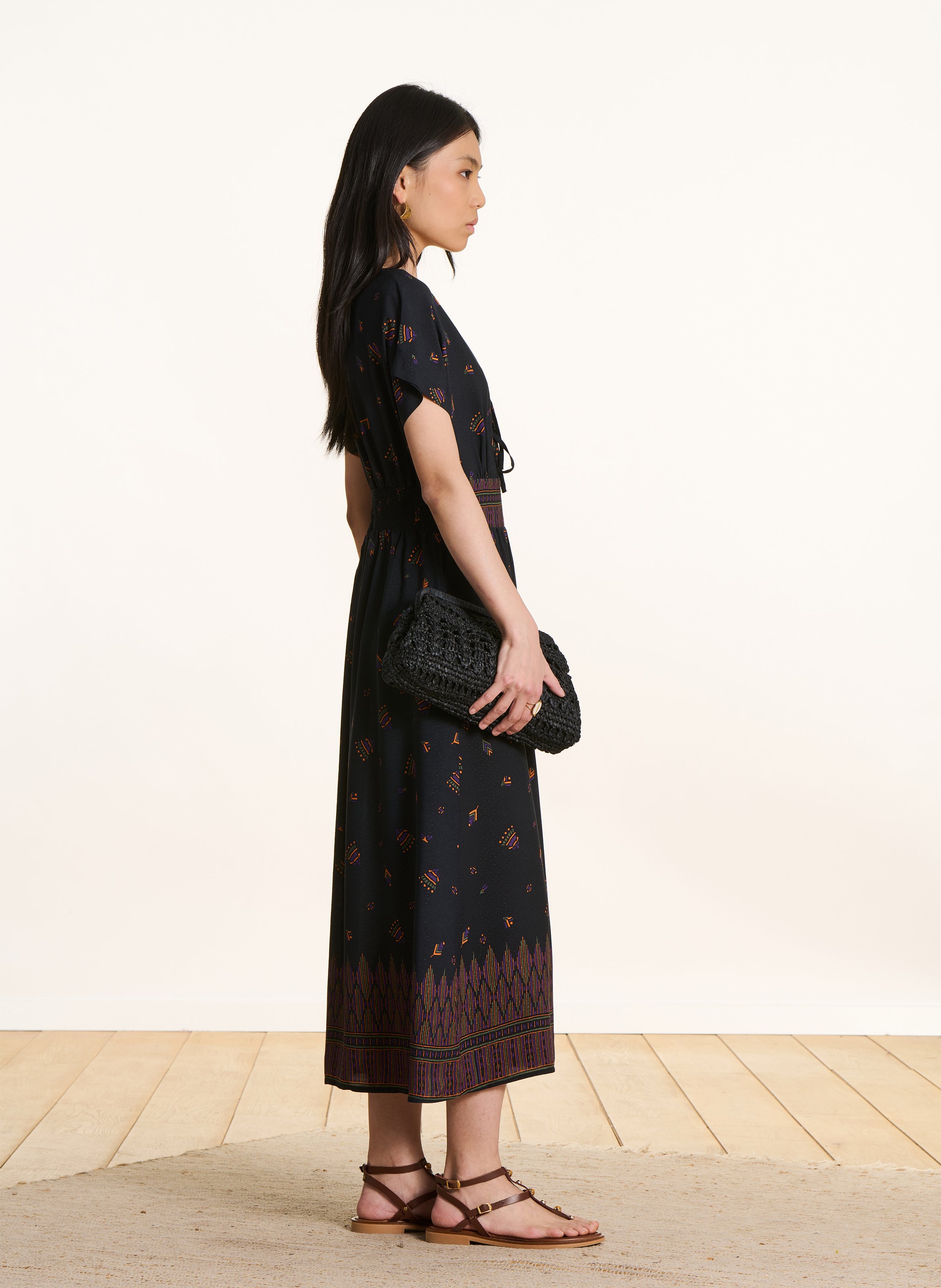 Robe longue col V imprimée LA FEE MARABOUTEE Noir