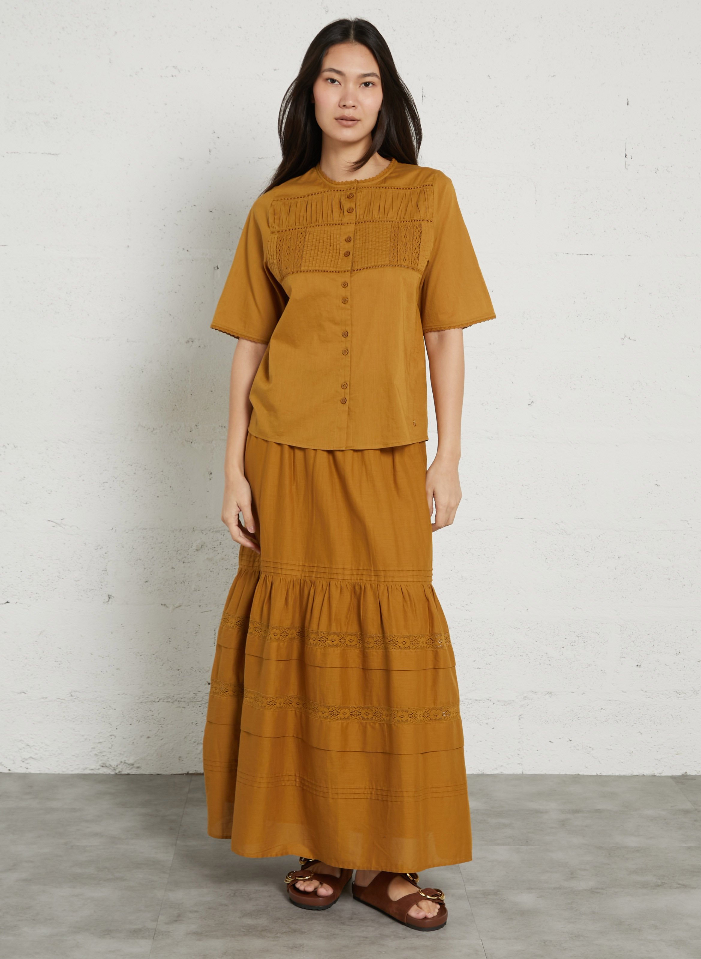 Chemisier manches courtes brodé uni DES PETITS HAUTS Doré