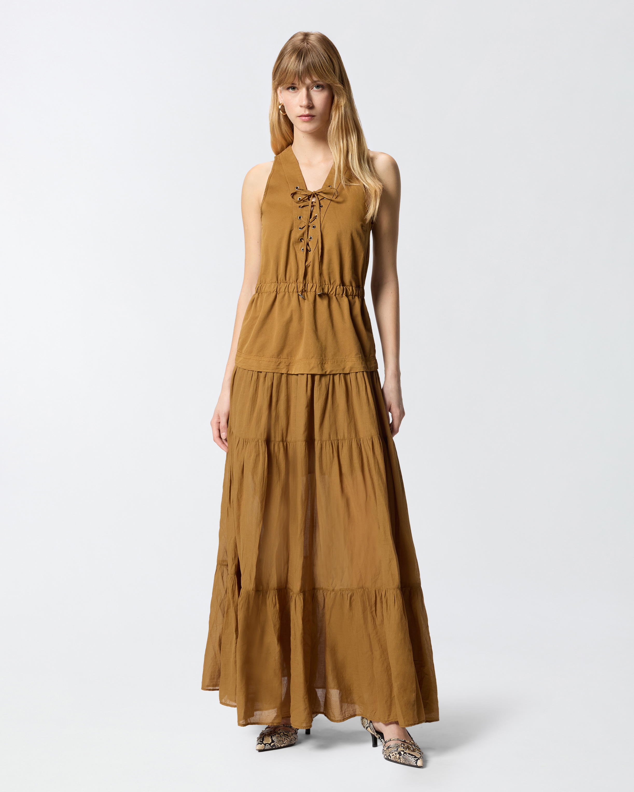 Robe longue en coton à volant et rubans PINKO Orange