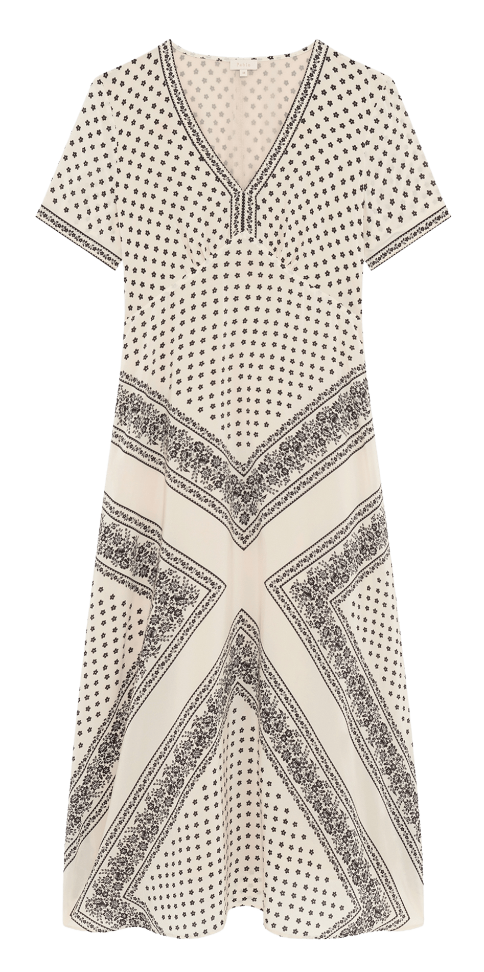 Vestido largo con cuello en V y falda evasé con estampados. PABLO Beige