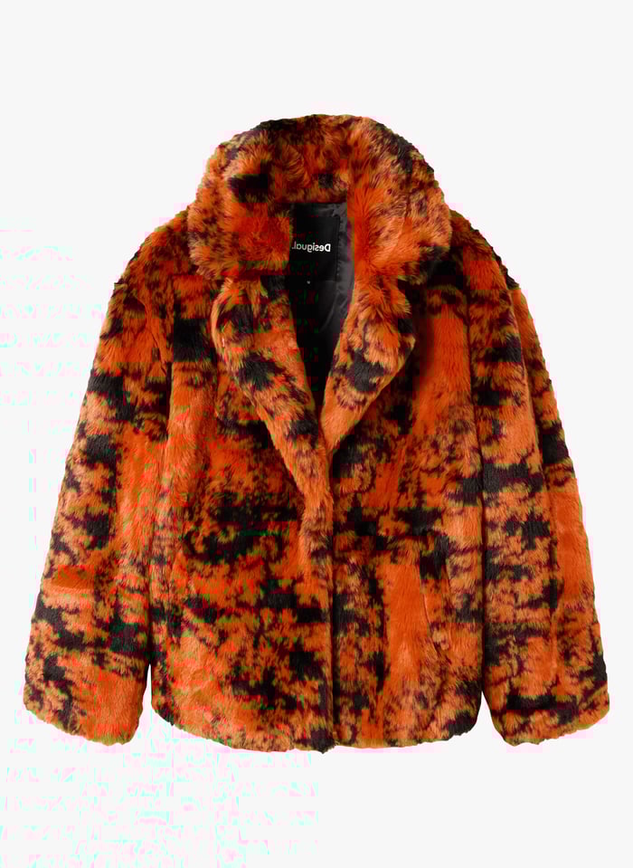 Short Printed Coat With Tailored Collar Orange Desigual Women