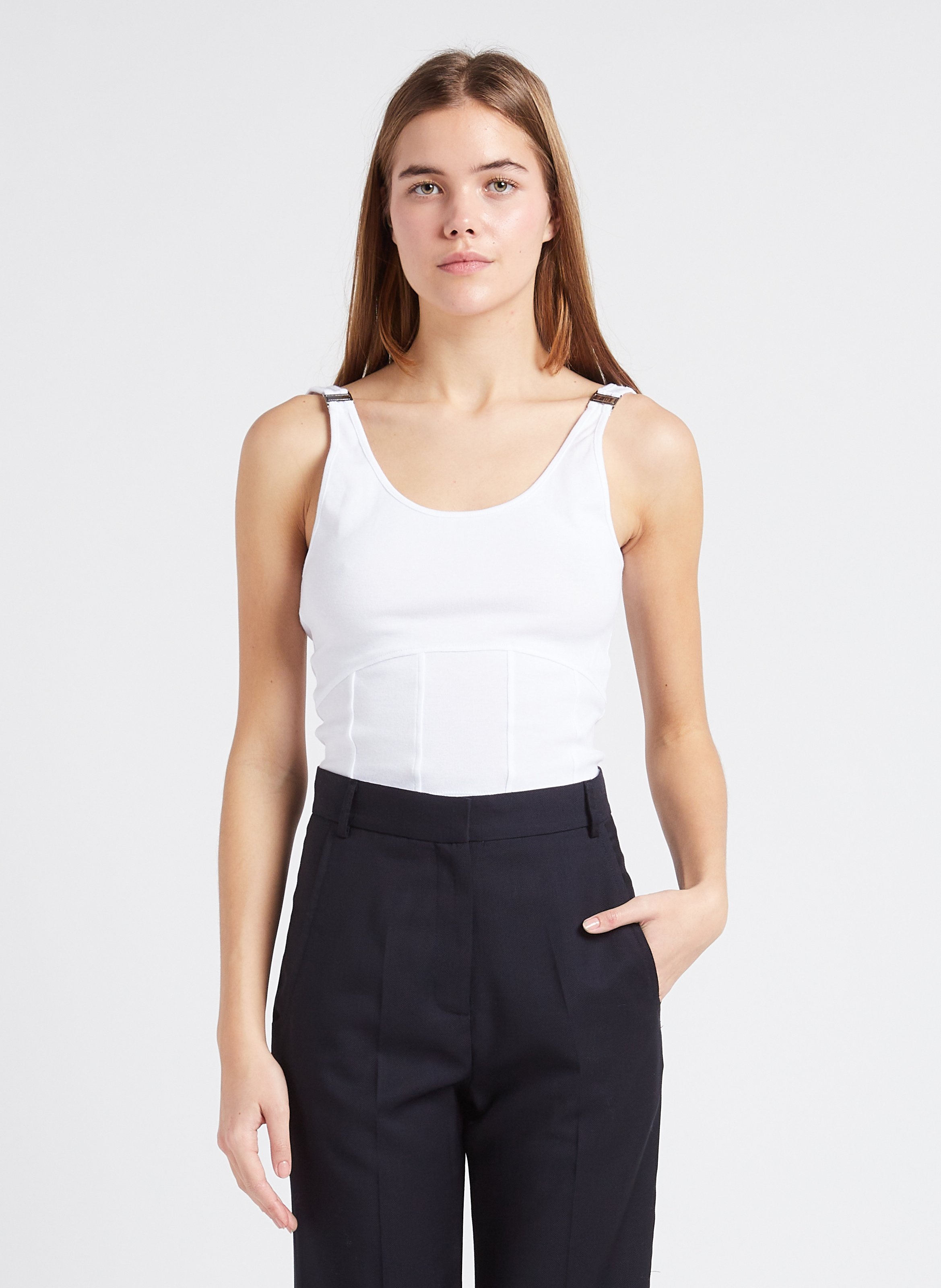 Top court décolleté au dos à bretelles fines en coton mélangé MARGAUX LONNBERG Blanc