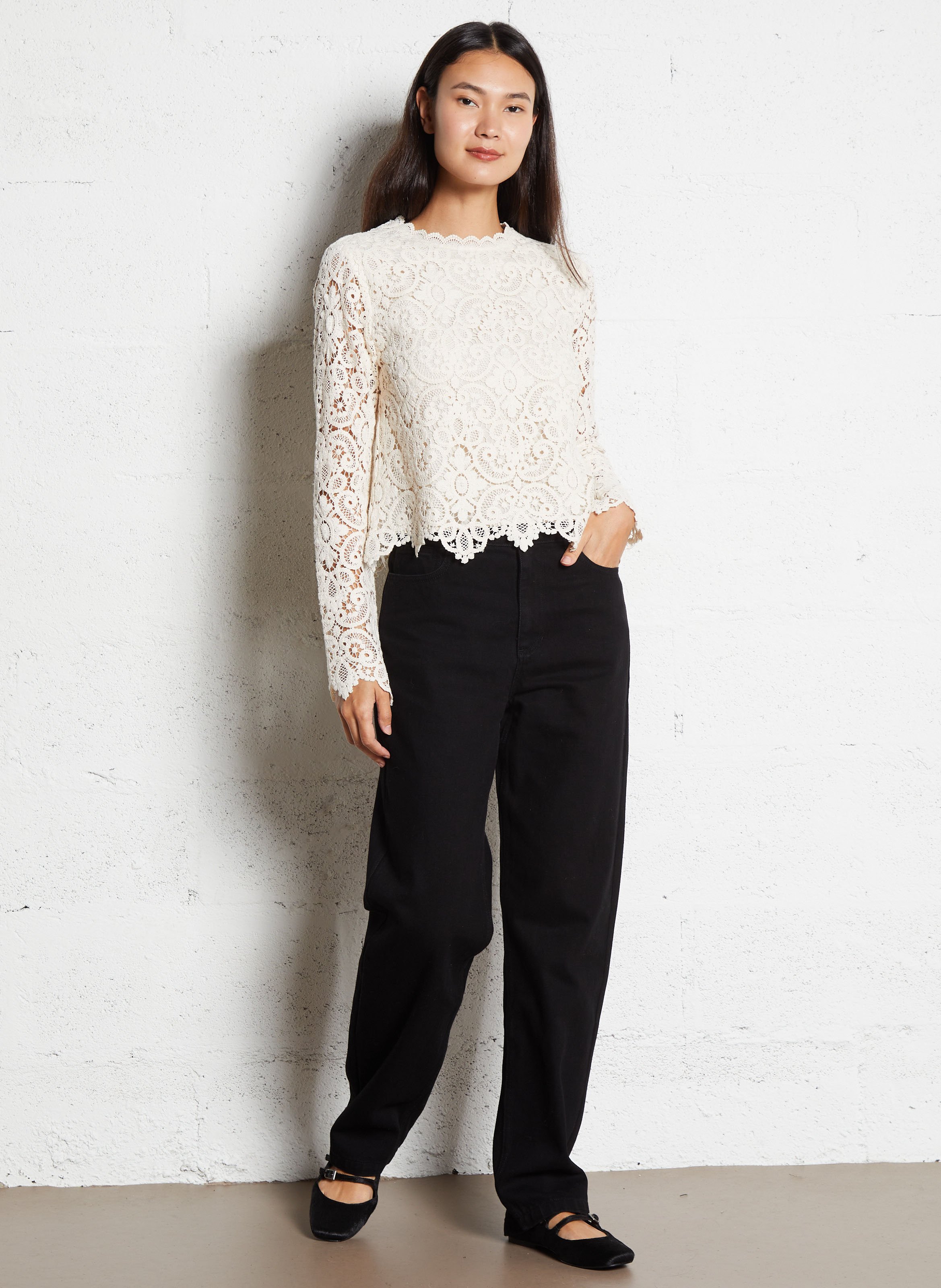 Langarmshirt mit Bio-Baumwollspitze THE NEW SOCIETY Weiss