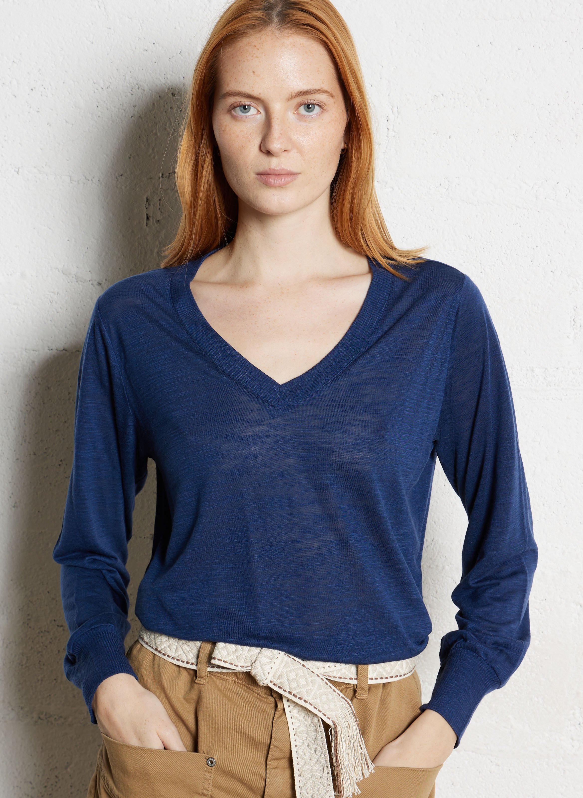 T-shirt met V-hals en lange mouwen in effen kleur BENSIMON