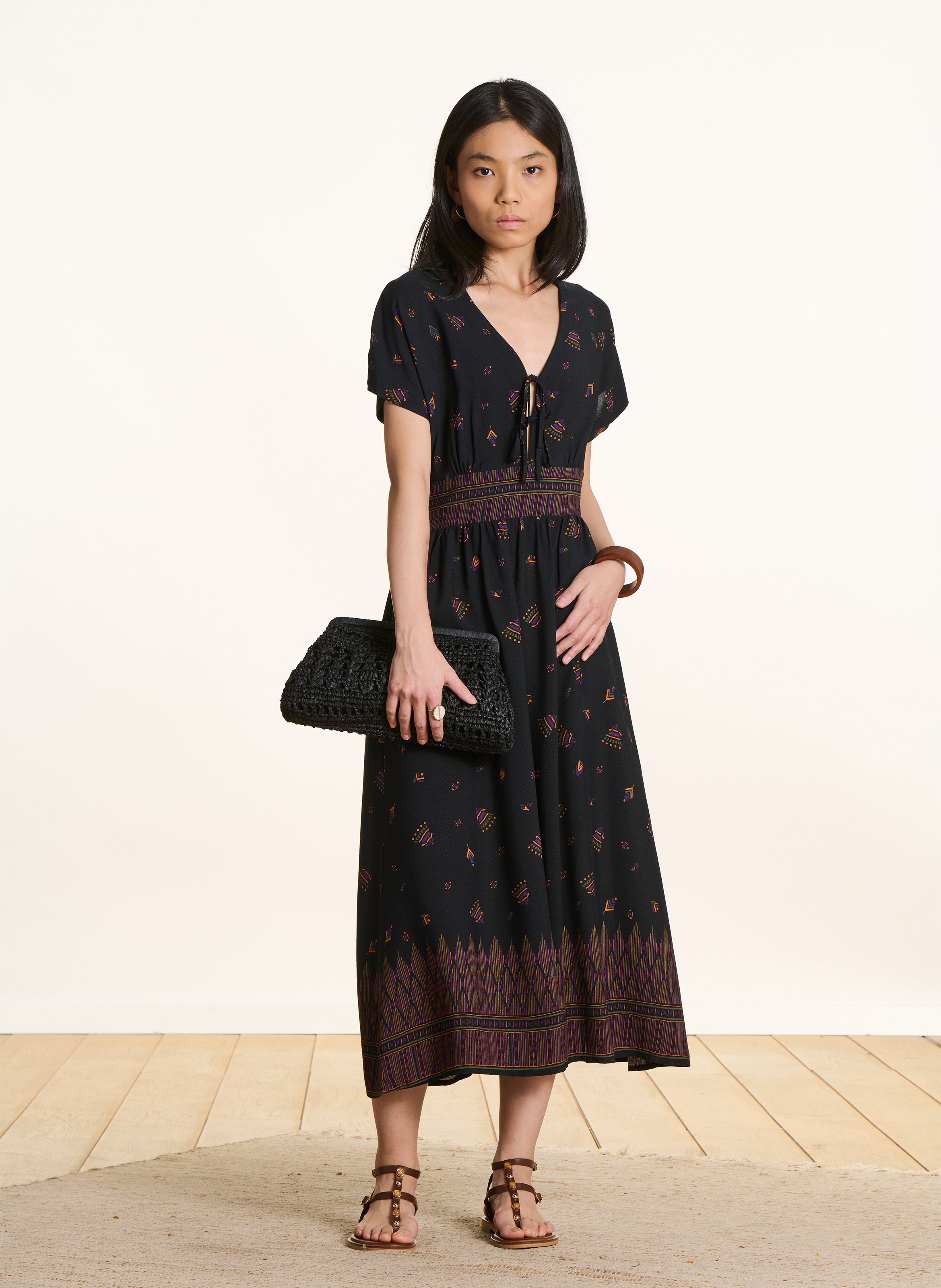 Robe longue col V imprimée LA FEE MARABOUTEE Noir