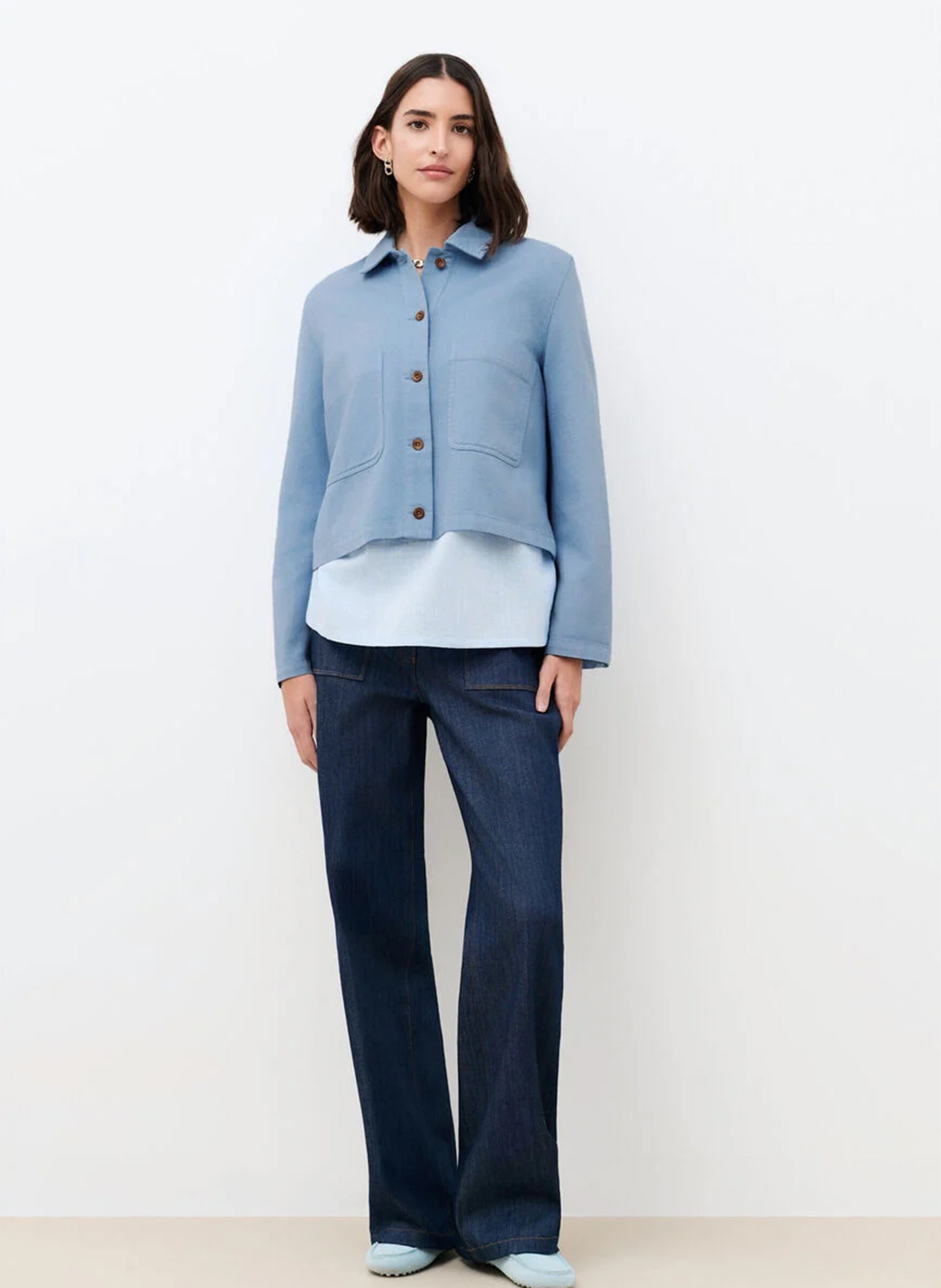 Blouson droit col classique en coton et lin mélangé CAROLL Bleu