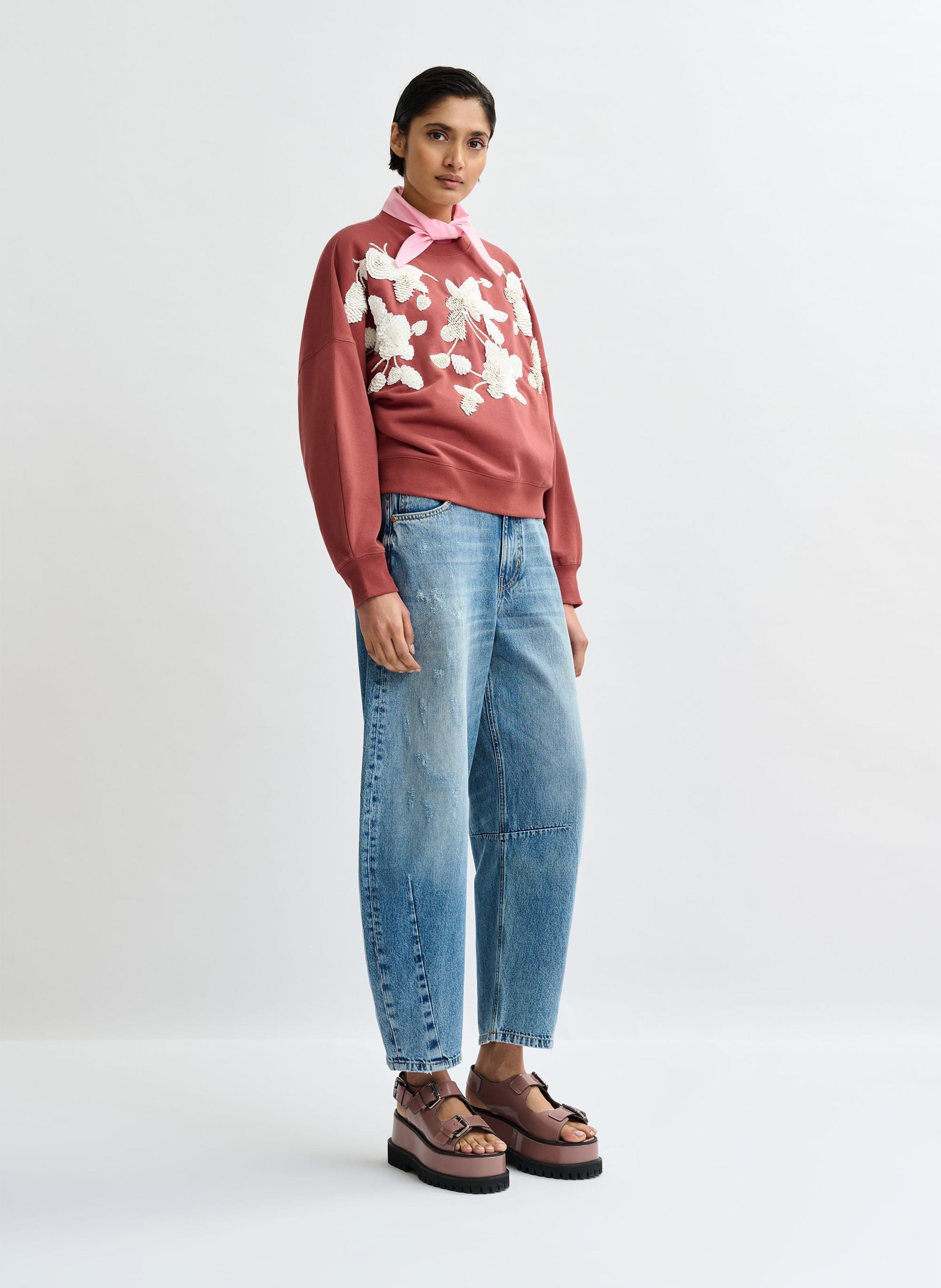 Oversized Sweatshirt with Embroidered Flowers ESSENTIEL ANTWERP Brown
