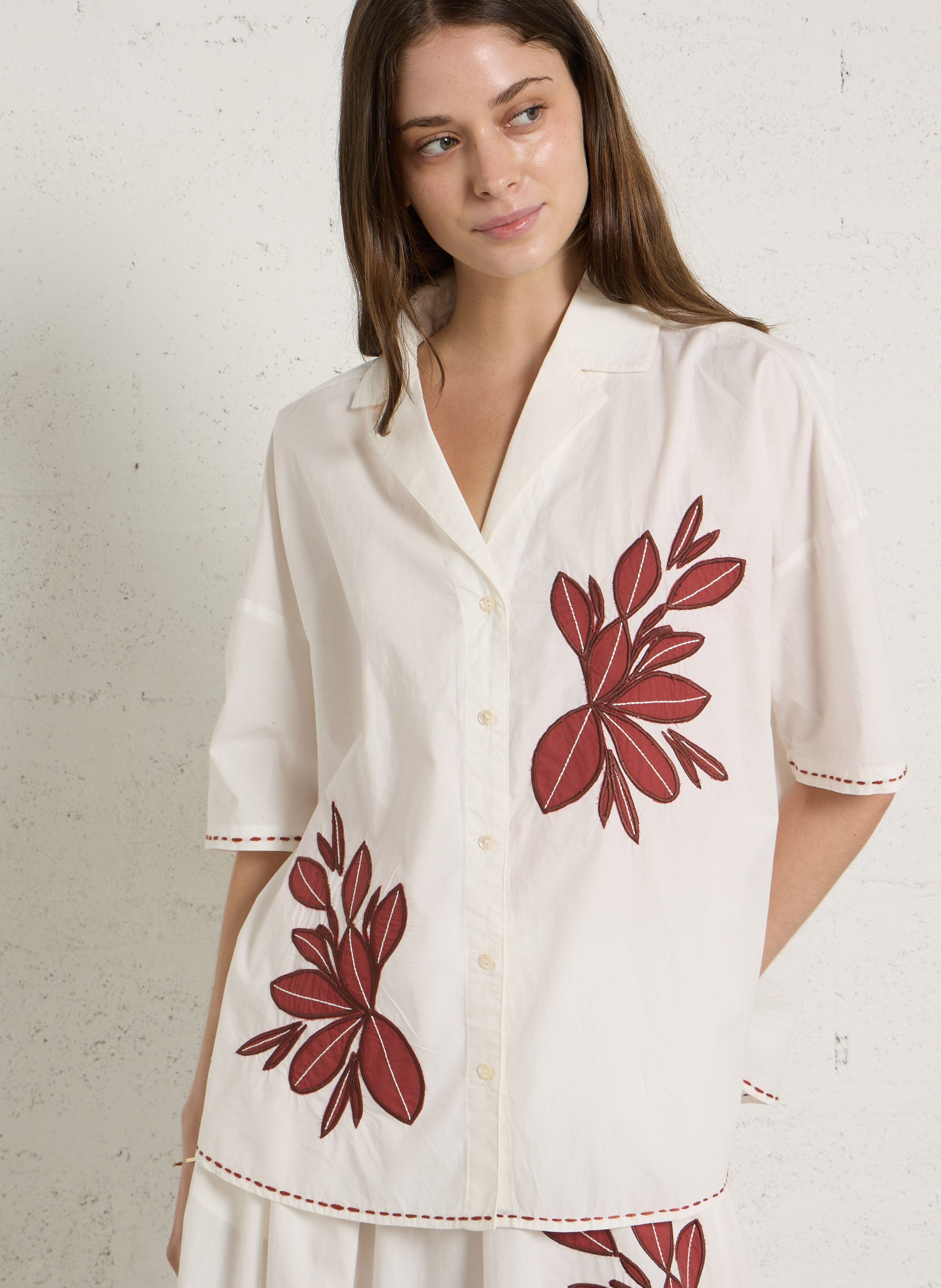 Chemise ample col tailleur brodée en coton DIEGA Rouge